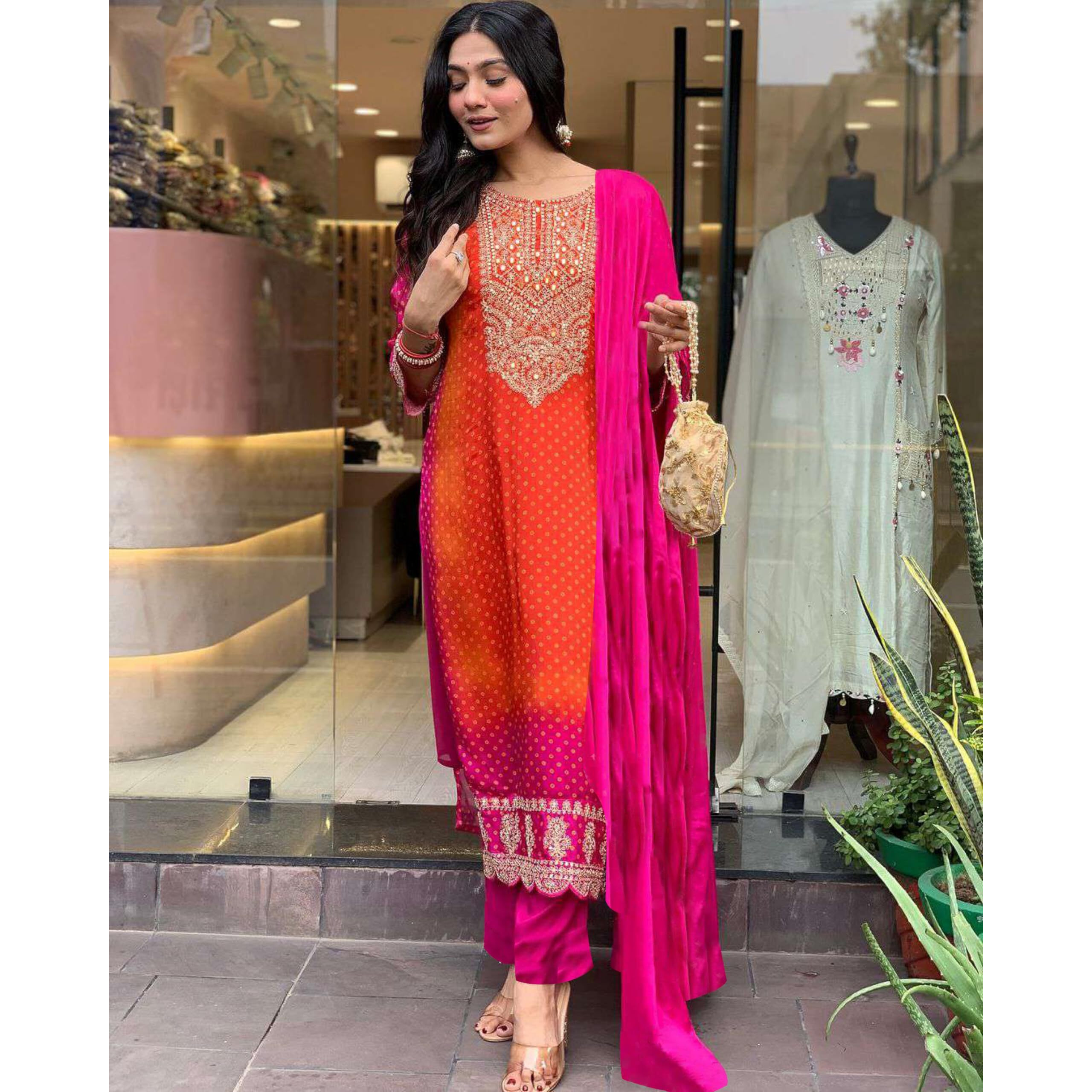 GoSriKi Women's Rayon Blend Straight Embroidered Kurta with Pant & Dupatta (Lasivan Pink-GS_XXL_Pink_XX-Large)