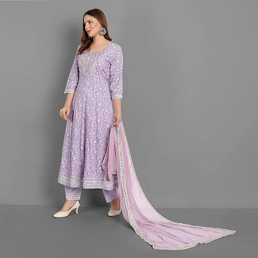 LookMark Women's Kurta Set in Light Purple Color and Cotton Blend Fabric with Pant and Dupatta (AZ-LM-OG-KS2154-L)