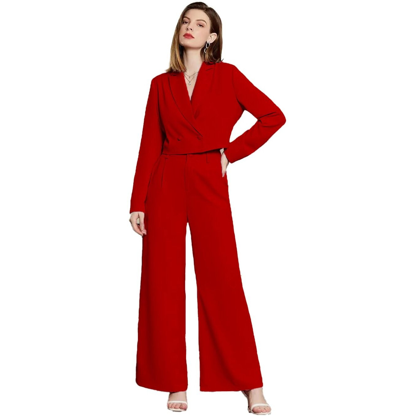 KOTTY Women's Solid Relaxed Fit Full Sleeve Co-ord Blazer and Trouser Set. Tomato red