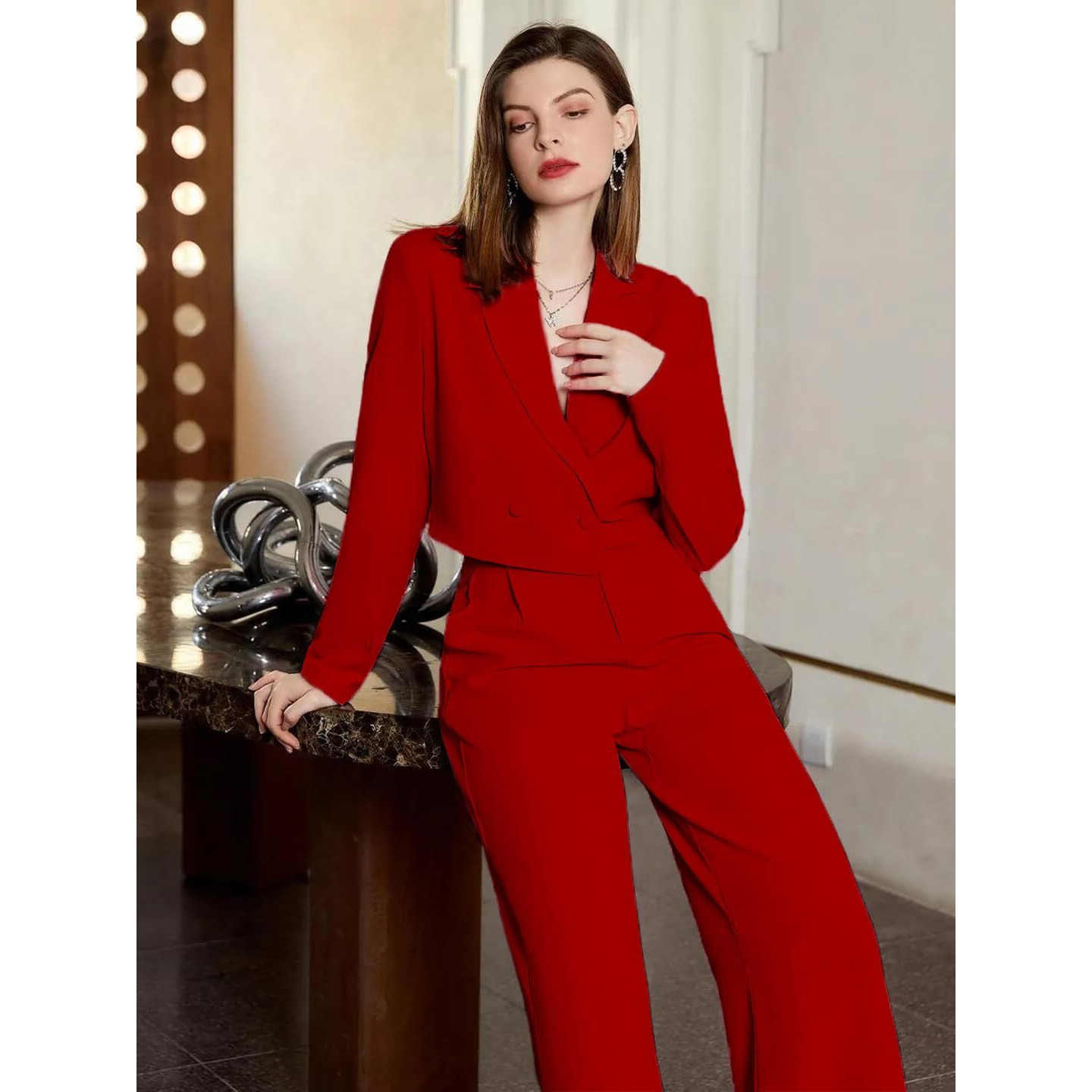 KOTTY Women's Solid Relaxed Fit Full Sleeve Co-ord Blazer and Trouser Set. Tomato red