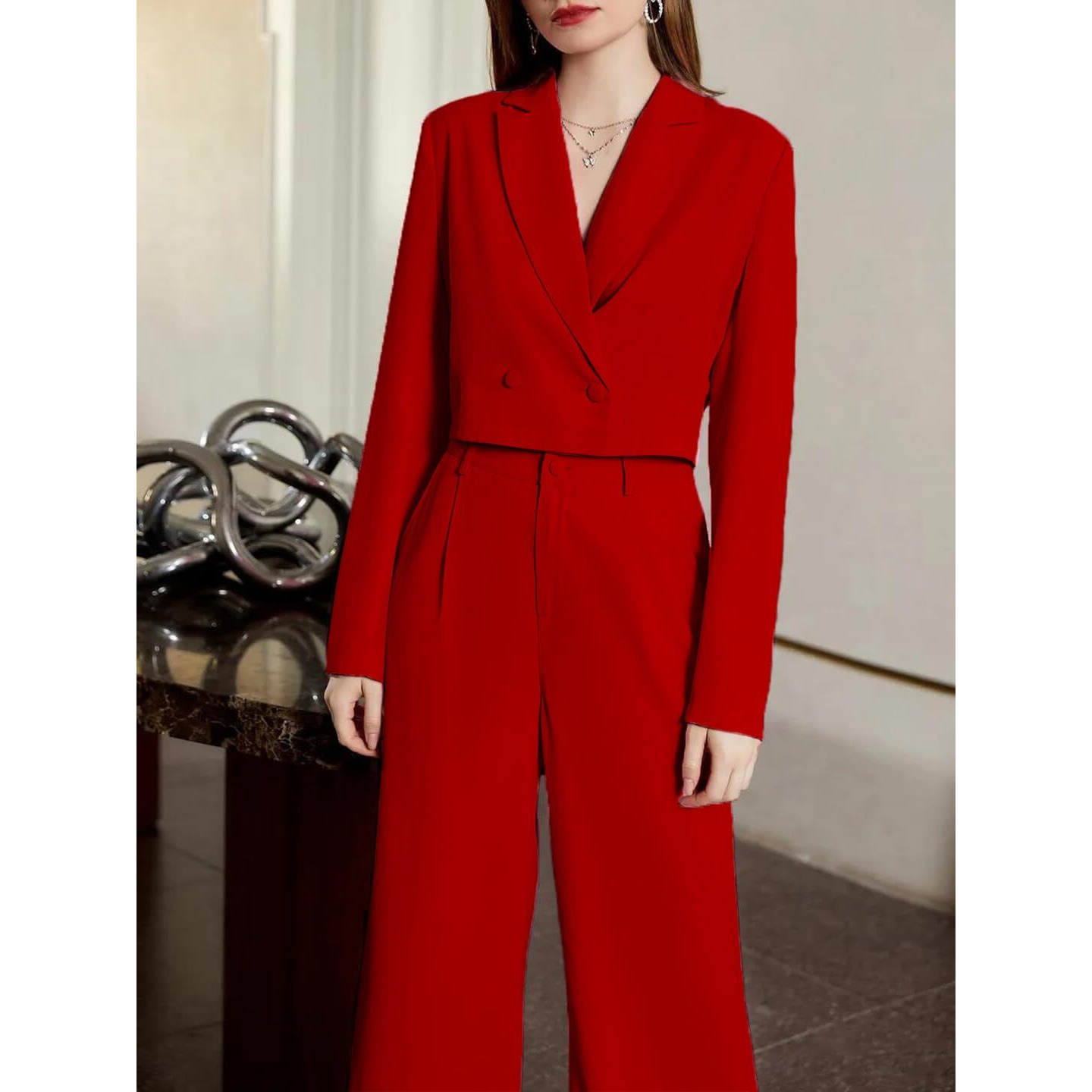 KOTTY Women's Solid Relaxed Fit Full Sleeve Co-ord Blazer and Trouser Set. Tomato red
