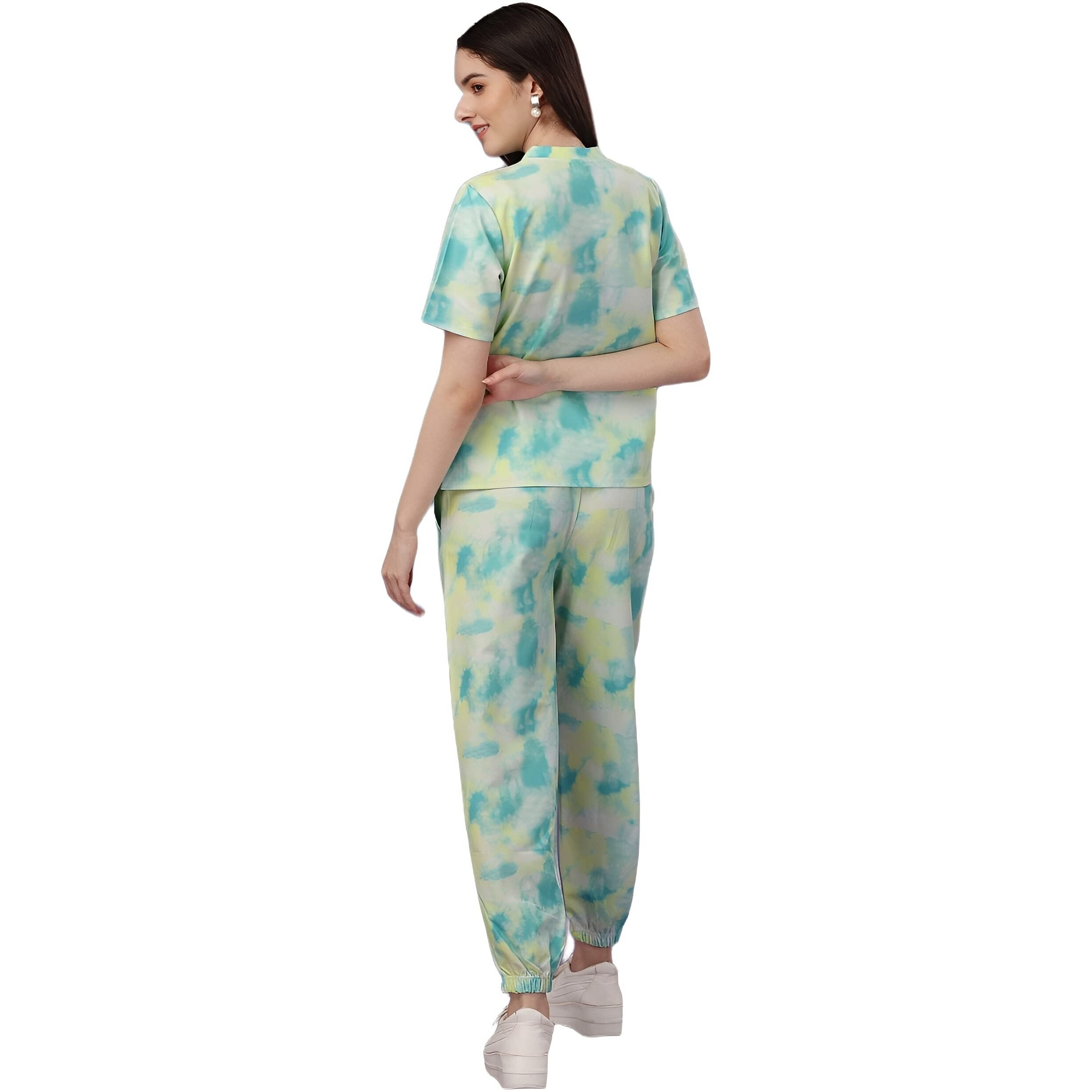 ELLITI Women's Soft Poly Cotton Tie-Dye Printed Crop Length T-Shirt and Pyjama Night Suits Set | Co-ord | Nightwear | Loungewear | Night Dress | Set Of Top And Bottom