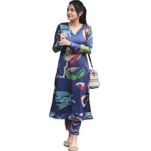 ANNI DESIGNER Women's Cotton Blend Straight Printed Kurta with Pant (Barish Blue_S_Blue_Small)