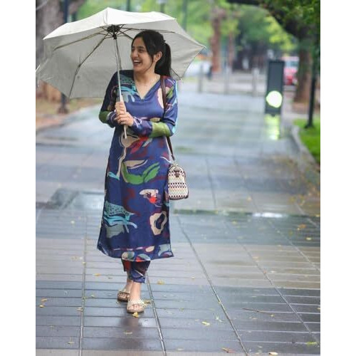 ANNI DESIGNER Women's Cotton Blend Straight Printed Kurta with Pant (Barish Blue_S_Blue_Small)