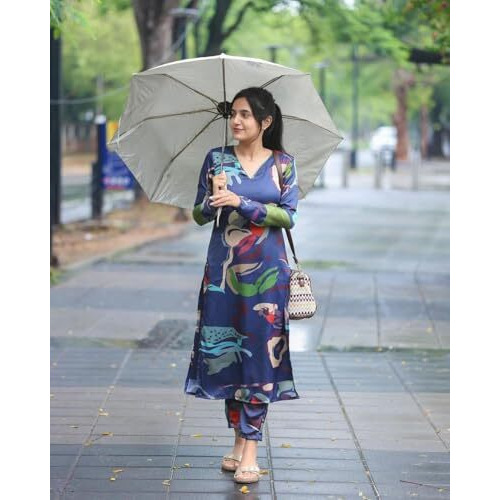 ANNI DESIGNER Women's Cotton Blend Straight Printed Kurta with Pant (Barish Blue_S_Blue_Small)