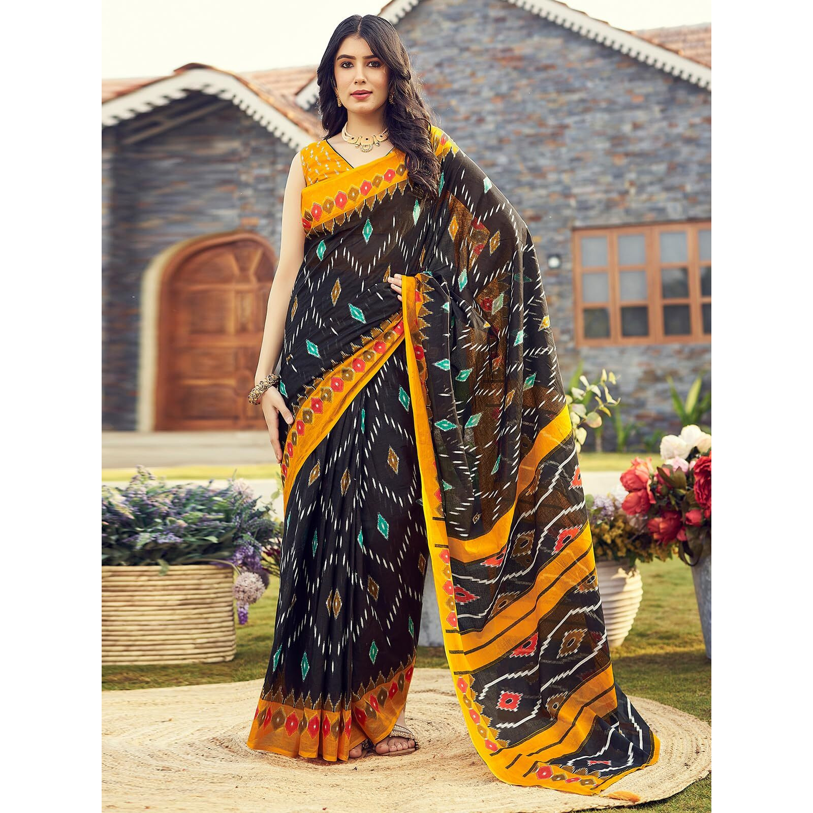 Satrani Women's Cotton Printed Ready To Wear Saree with Unstitched Blouse Piece (3394S307N_Dark Blue)