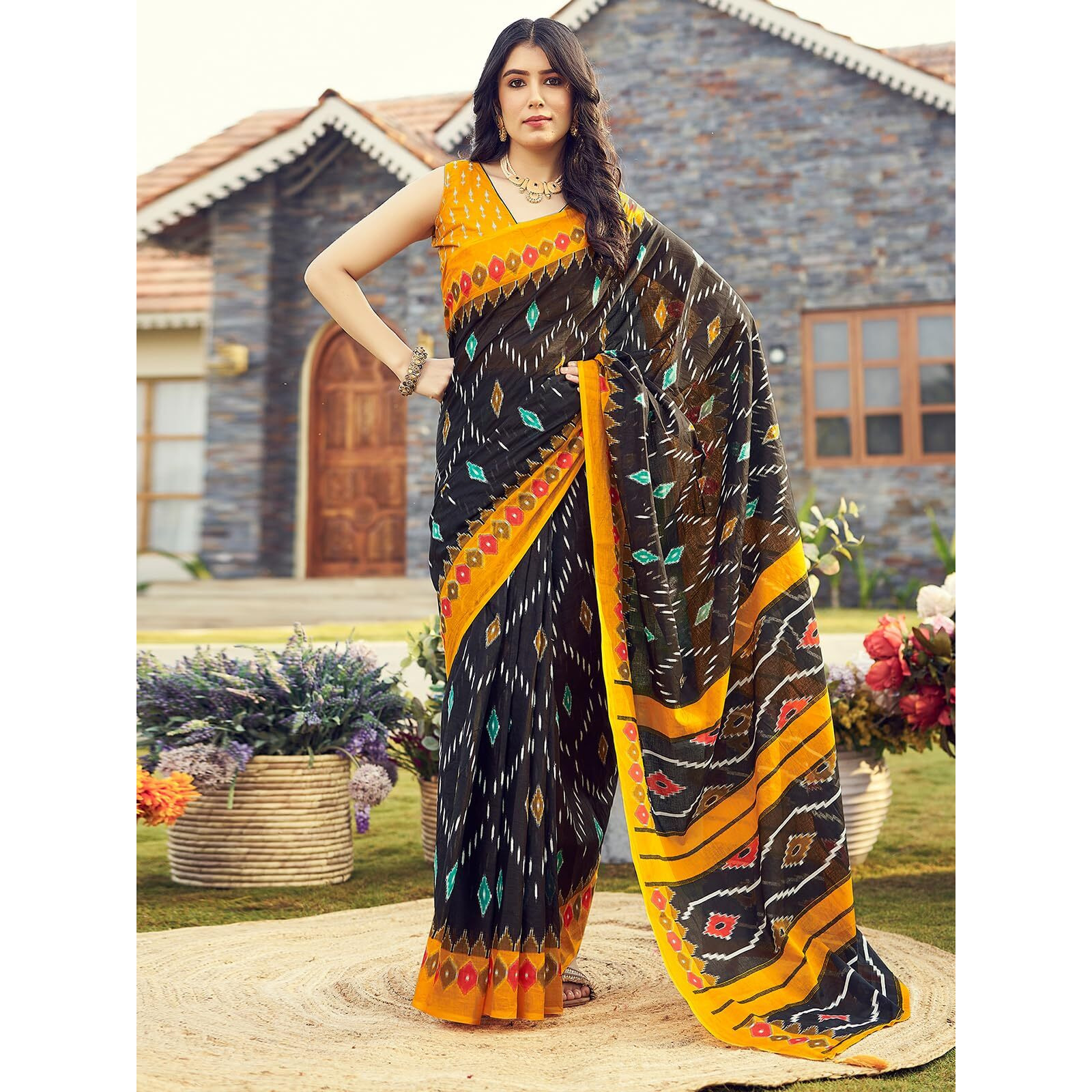 Satrani Women's Cotton Printed Ready To Wear Saree with Unstitched Blouse Piece (3394S307N_Dark Blue)