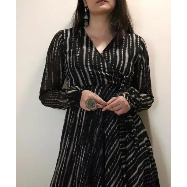 Fashion2wear Women's Black Color Georgette Long Sleeve Round Neck All Over Print Maxi Length Anarkali XL Stitched Gown for Girls. (Ankita-Black-XL)