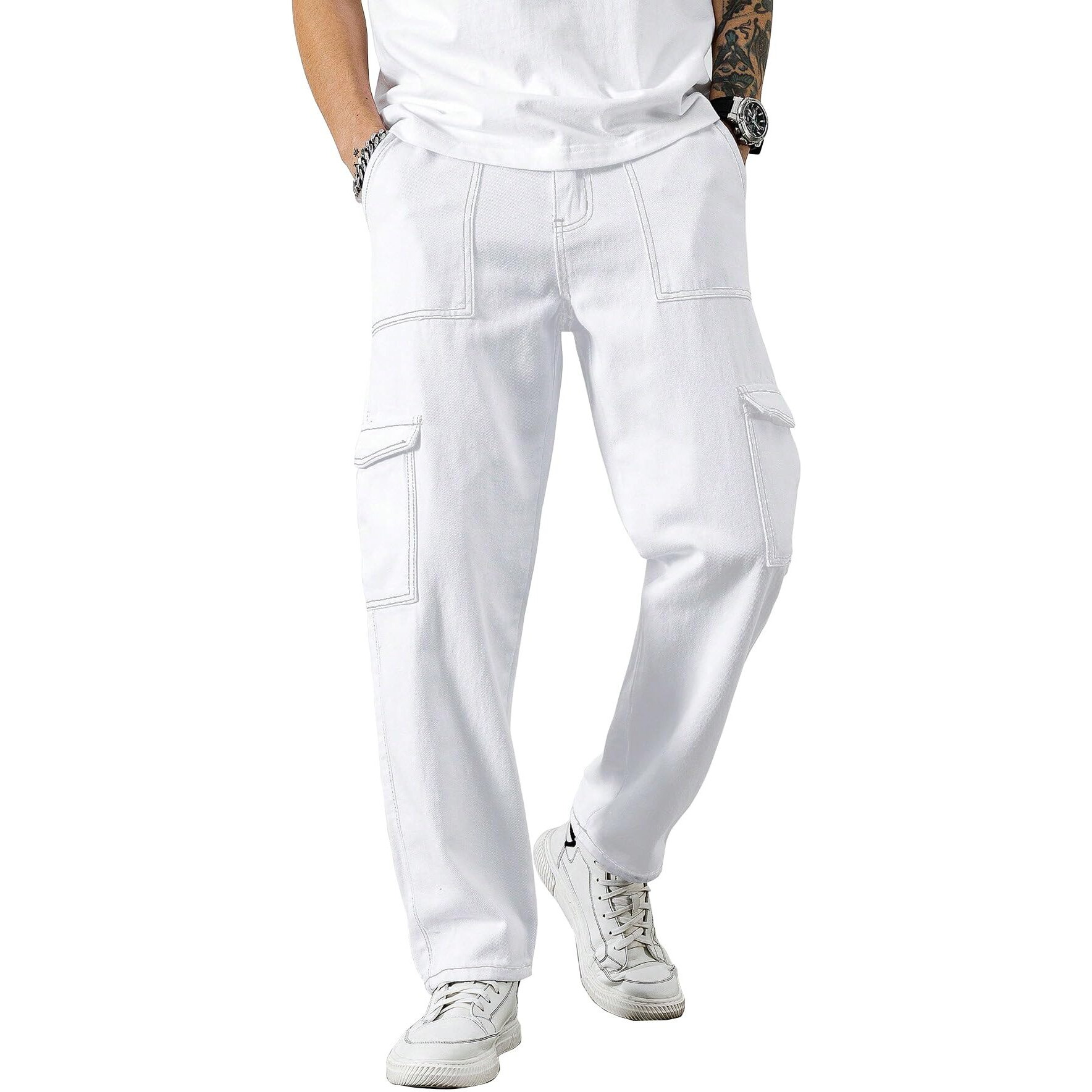 AVANOVA White Bell-Bottom Men Cargo Jeans II Men Cargo Pants II Denim Cargo for Men II Cotton Pant II Wide Legs II Flap Pockets II Cargo for Men (Jeans-119-White-2-34)