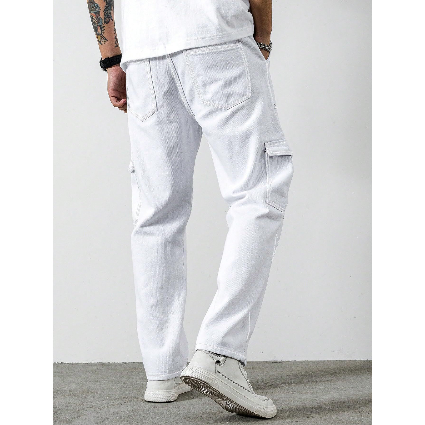 AVANOVA White Bell-Bottom Men Cargo Jeans II Men Cargo Pants II Denim Cargo for Men II Cotton Pant II Wide Legs II Flap Pockets II Cargo for Men (Jeans-119-White-2-34)