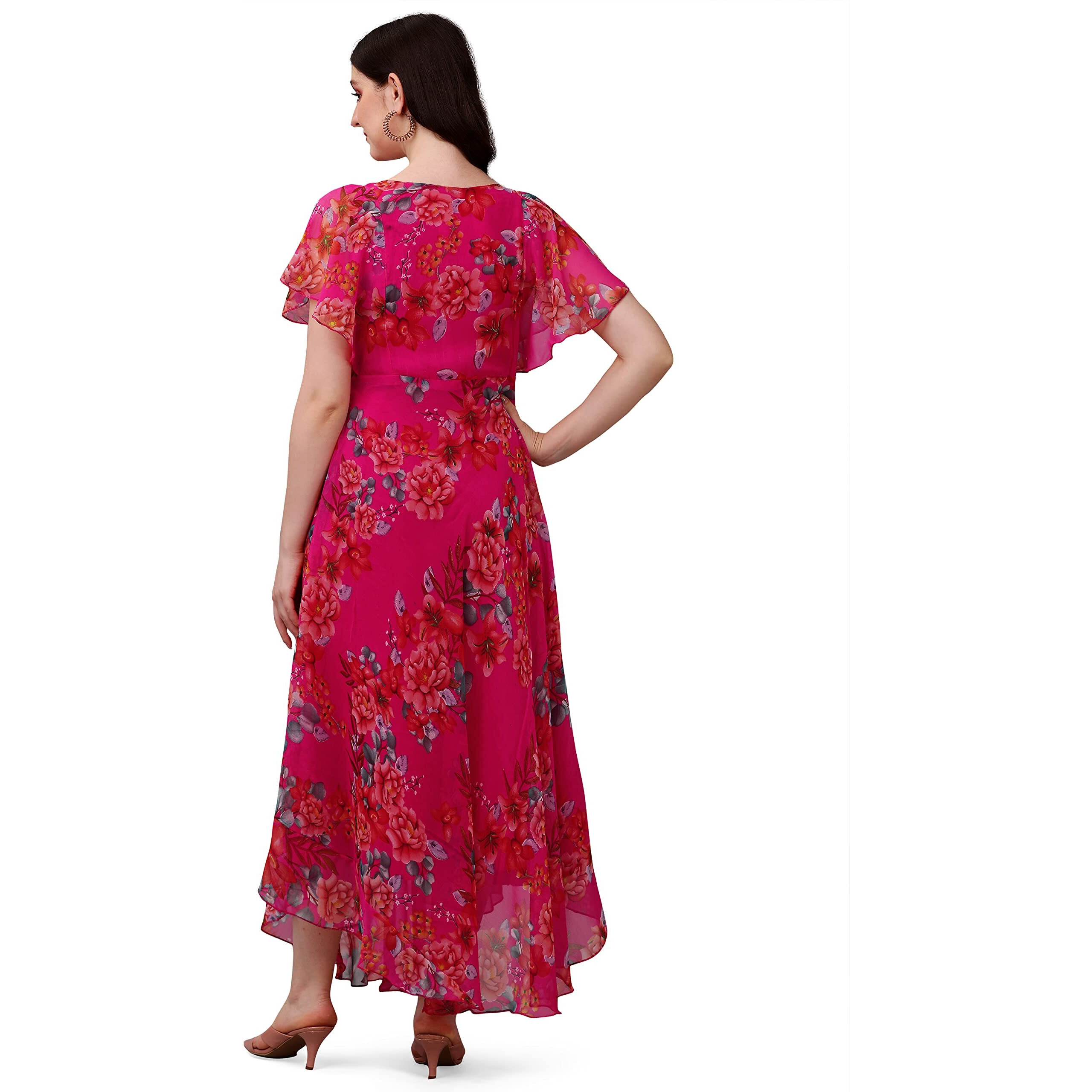 Fashion2wear Women's Georgette Flower Digital Printed Casual Full Length Stylish Dress (XX-Large, Pink)