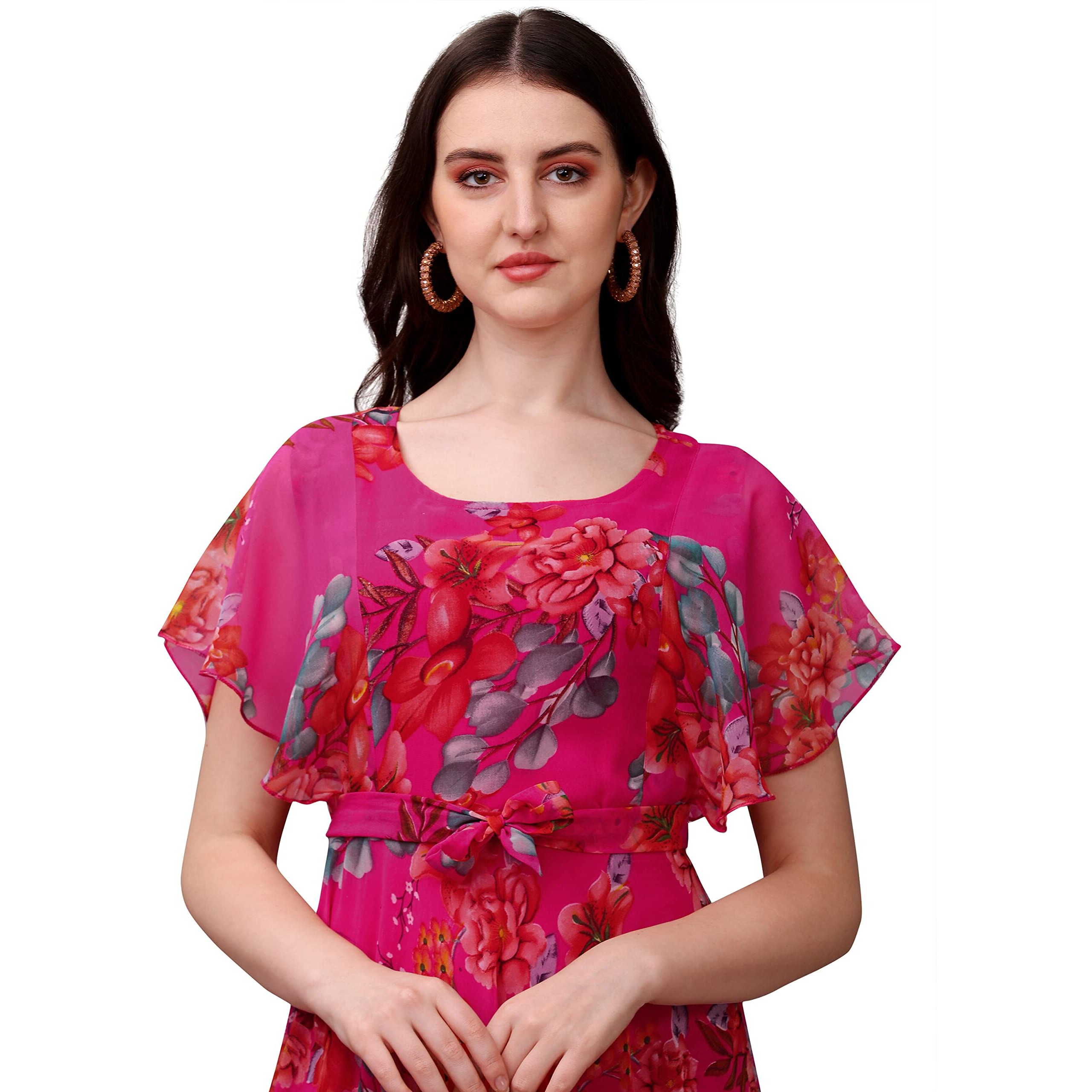 Fashion2wear Women's Georgette Flower Digital Printed Casual Full Length Stylish Dress (XX-Large, Pink)