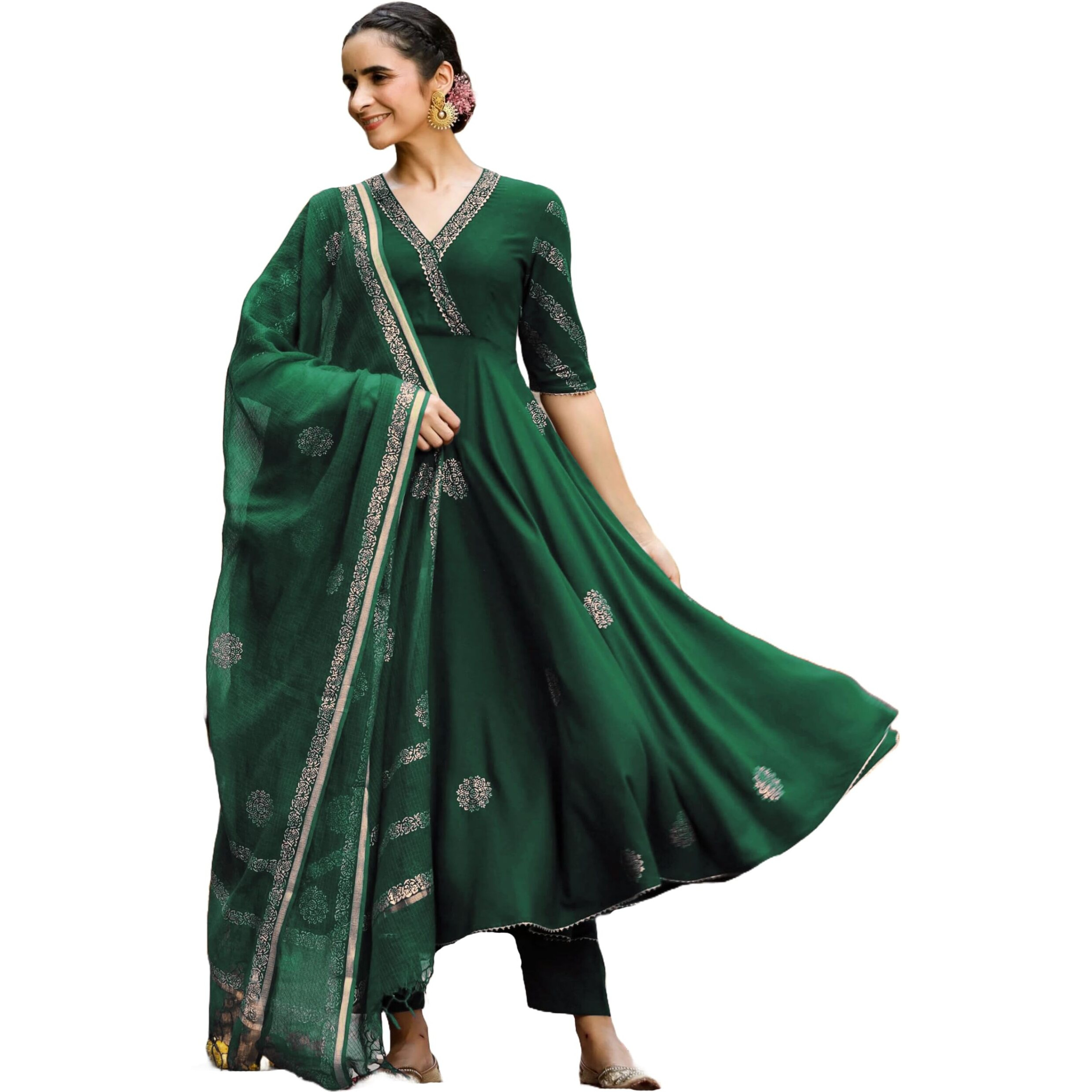 GoSriKi Women's Rayon Blend Anarkali Printed Kurta with Pant & Dupatta (Berlin Green-GS_XL_Green_X-Large)