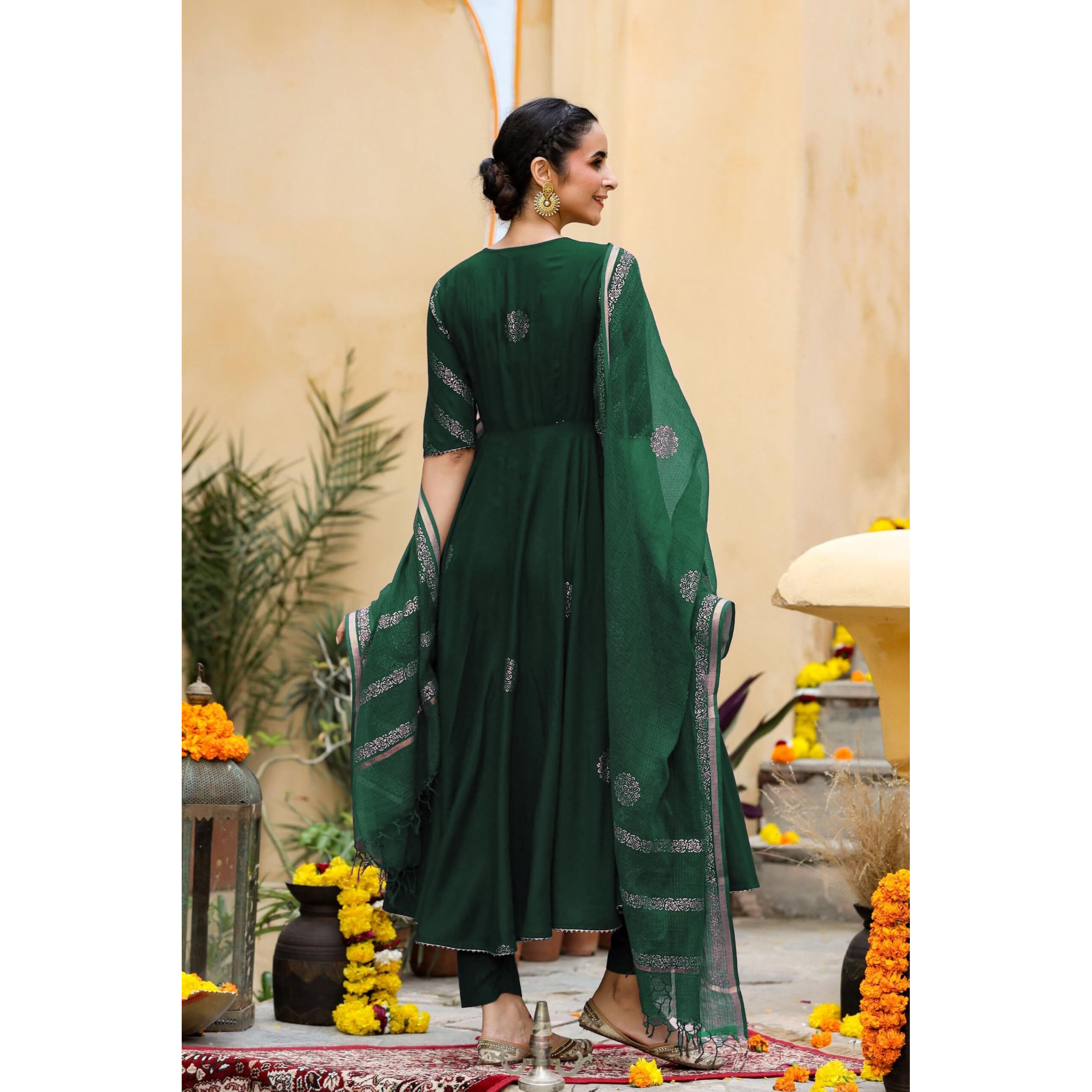GoSriKi Women's Rayon Blend Anarkali Printed Kurta with Pant & Dupatta (Berlin Green-GS_XL_Green_X-Large)