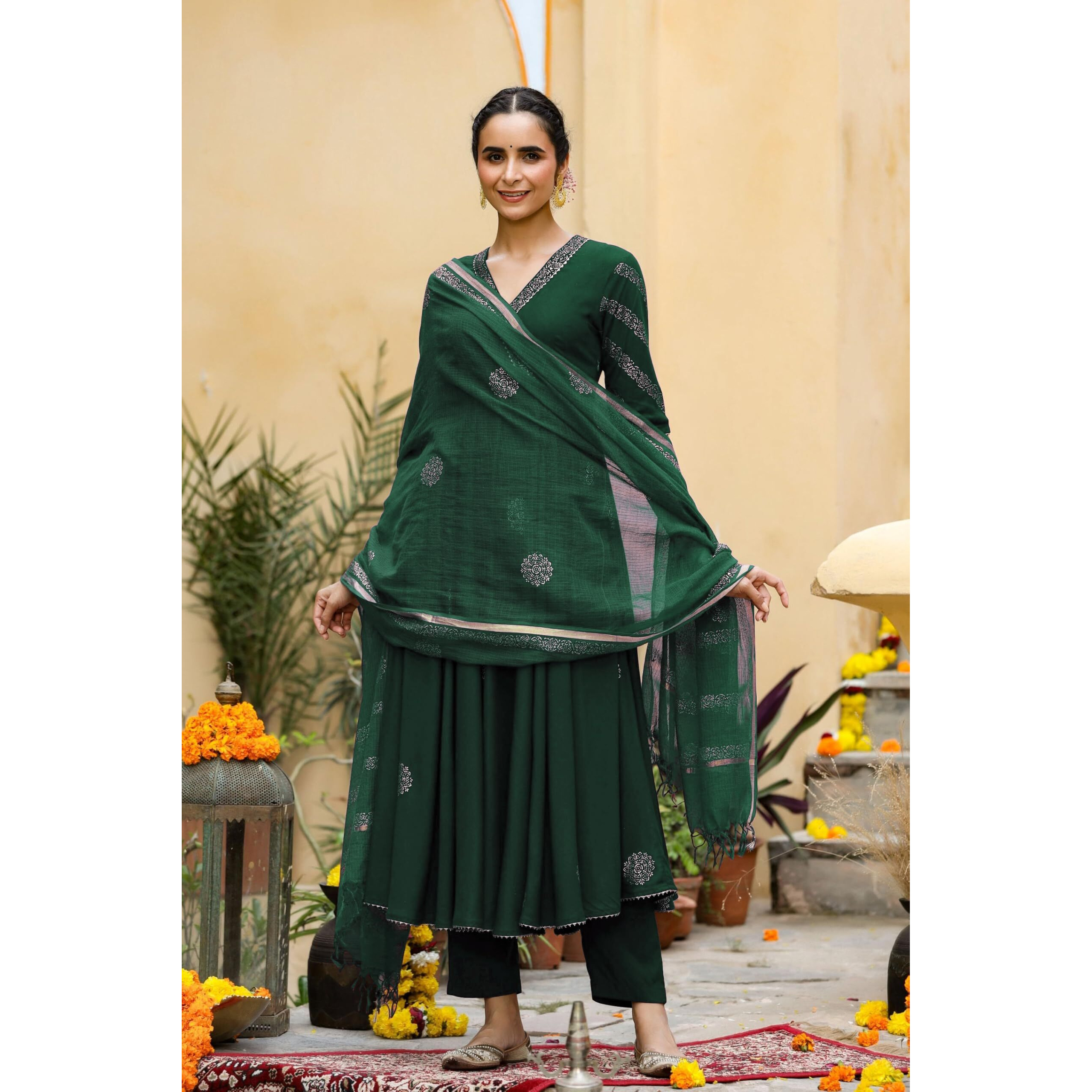 GoSriKi Women's Rayon Blend Anarkali Printed Kurta with Pant & Dupatta (Berlin Green-GS_XL_Green_X-Large)