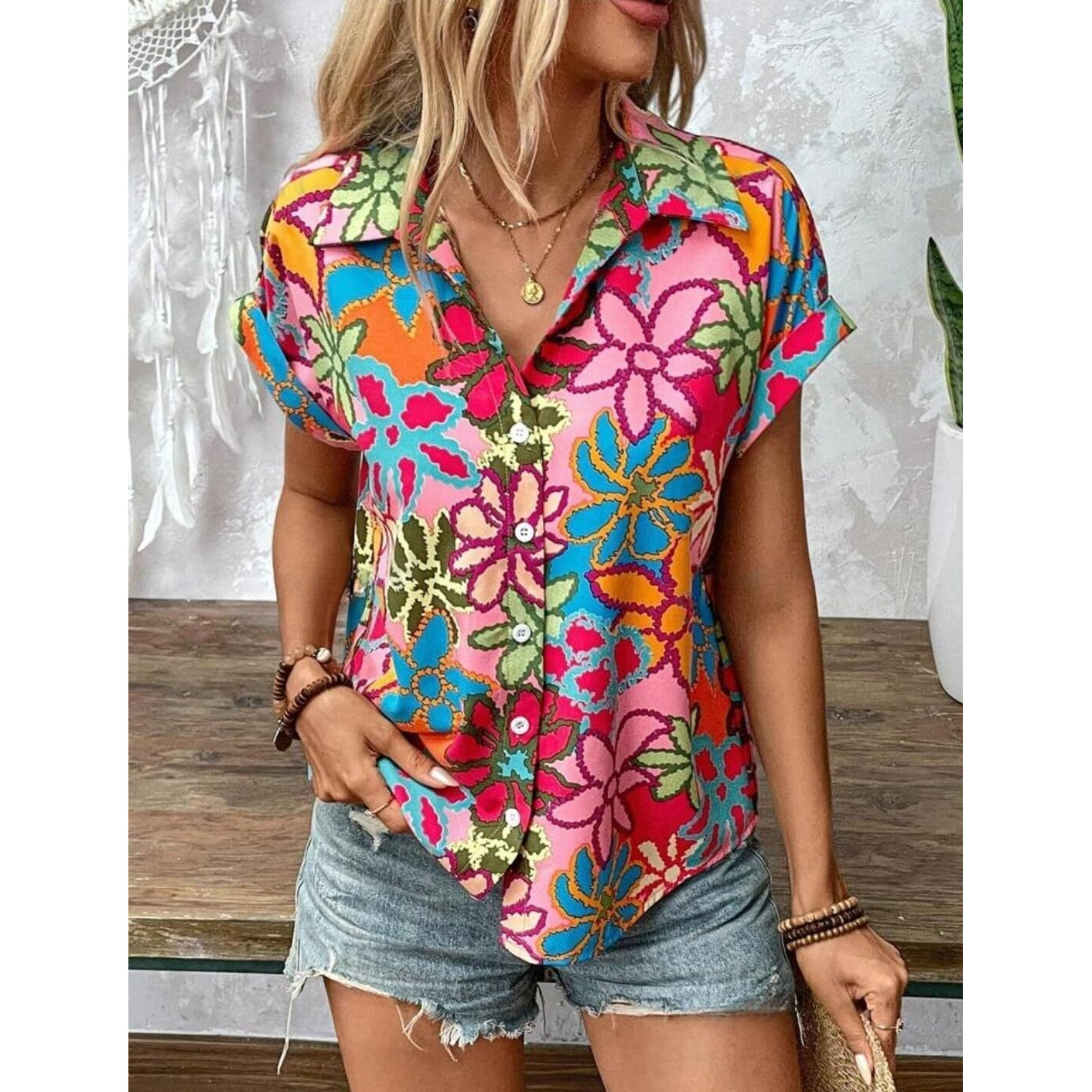 Gufrina Shirt for Women Stylish Western|Shirt Type top|Short Sleeve|Fabric Rayon| Collar Neck |Bright Floral Print|Casual Regular fit (Pink XXL)