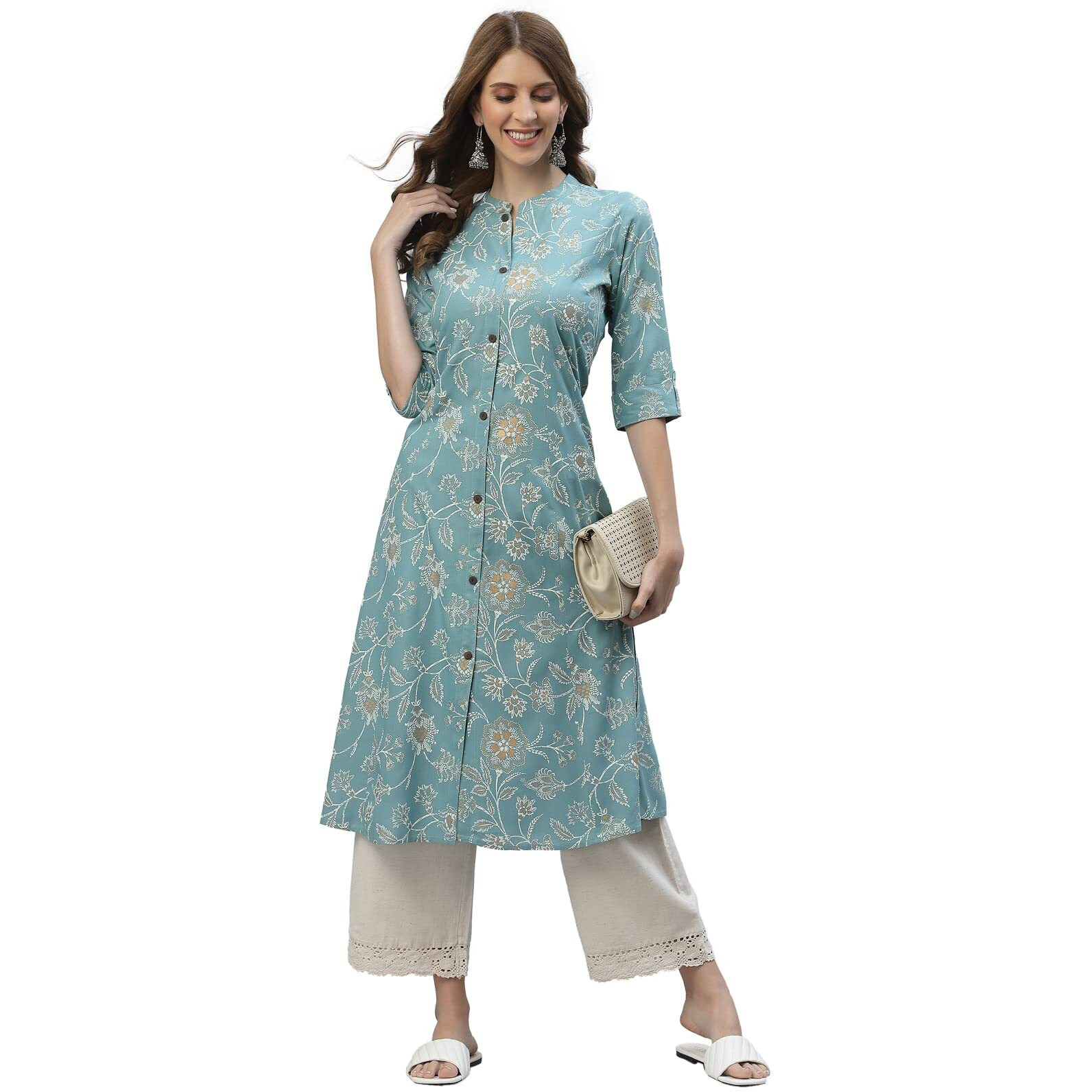Stylum Women's Floral Print Rayon A-Line Kurta (FIONAAQUA38_Aqua, M)