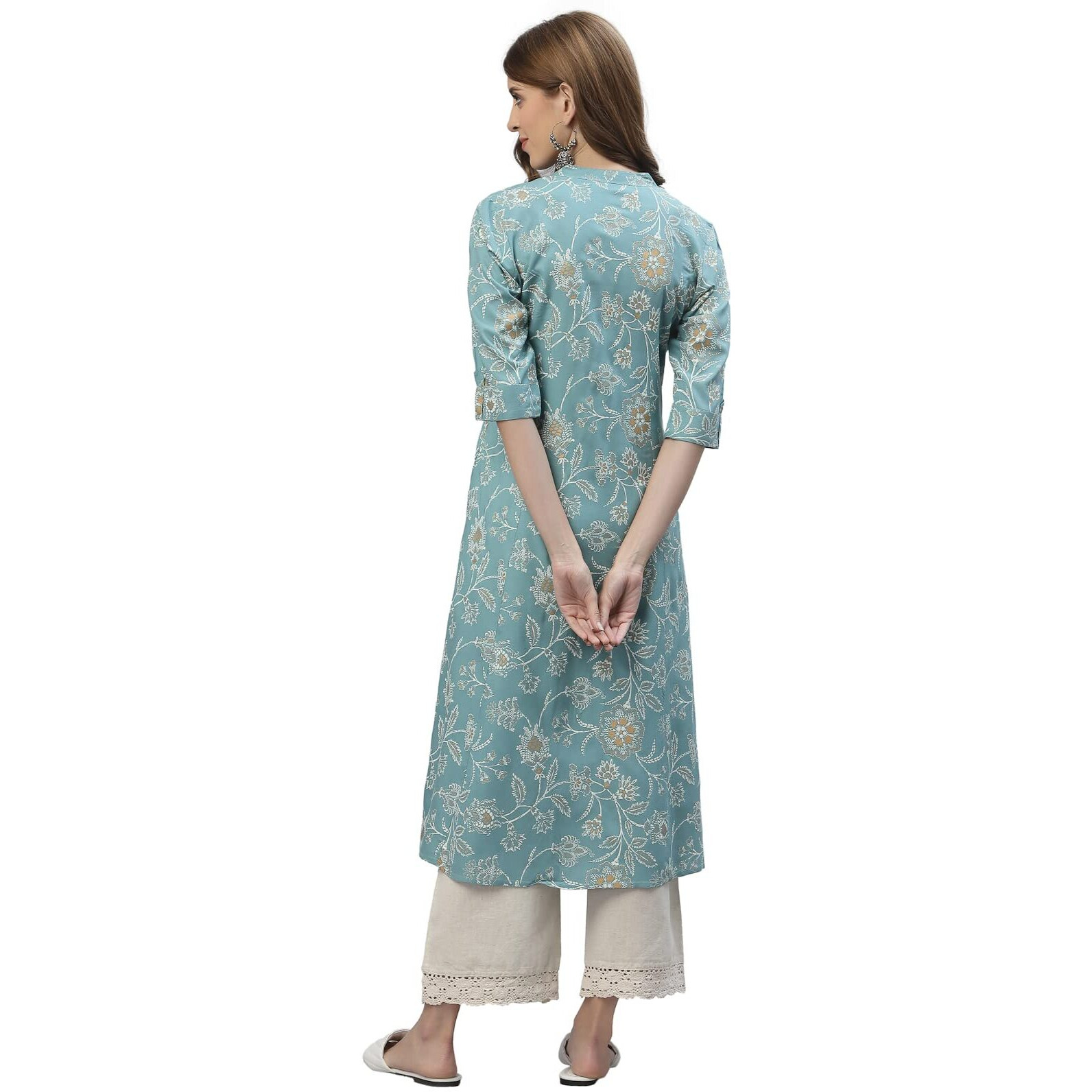Stylum Women's Floral Print Rayon A-Line Kurta (FIONAAQUA38_Aqua, M)