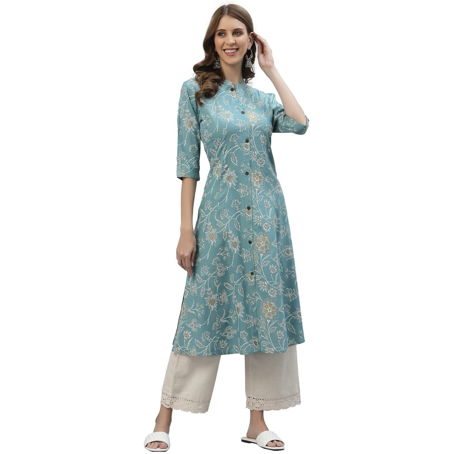 Stylum Women's Floral Print Rayon A-Line Kurta (FIONAAQUA38_Aqua, M)