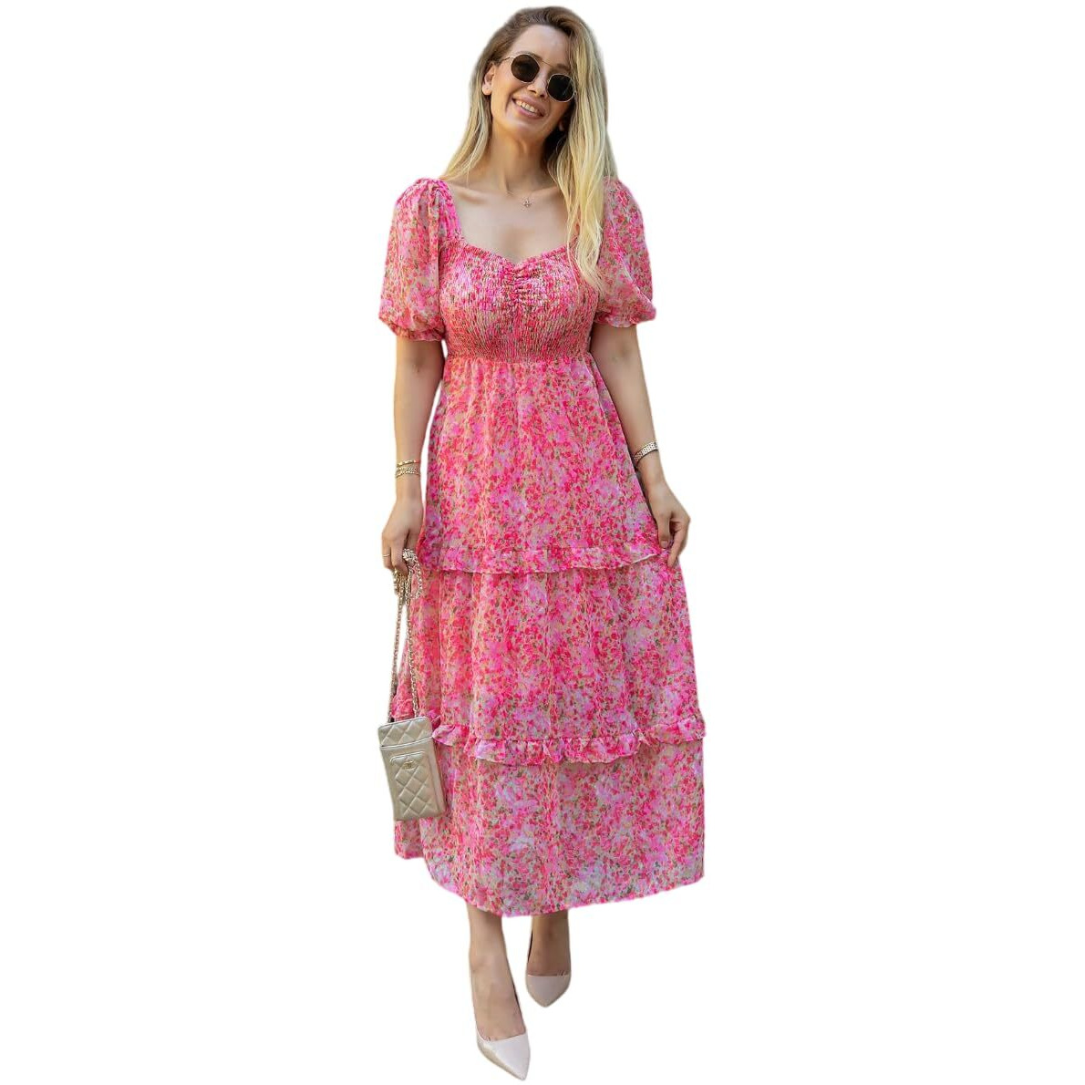 Sheetal Associates Women's Floral Puff Sleeve High Waist A Line Flowy Long Dress (Small, Pink)