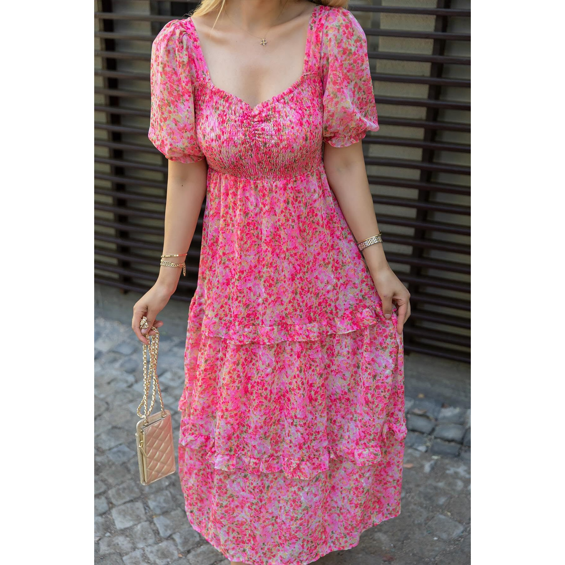 Sheetal Associates Women's Floral Puff Sleeve High Waist A Line Flowy Long Dress (Small, Pink)