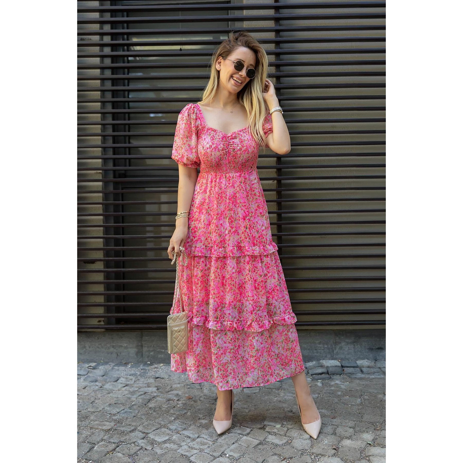Sheetal Associates Women's Floral Puff Sleeve High Waist A Line Flowy Long Dress (Small, Pink)