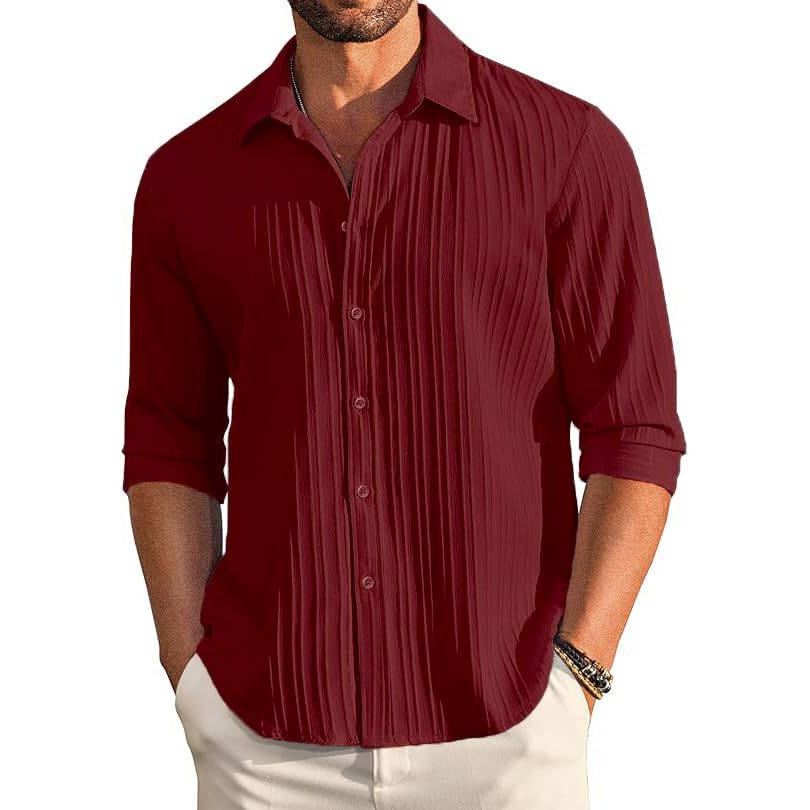 CB-COLEBROOK Men's Casual Button Down Shirts Long Sleeve Linen Shirt Fashion Textured Beach Summer Shirt (in, Alpha, L, Regular, Dark RED)