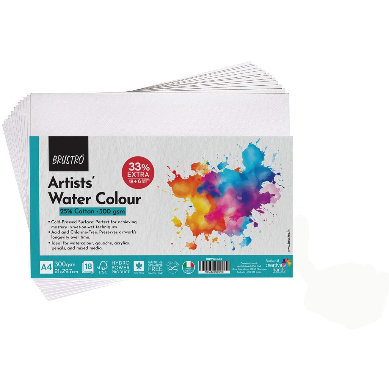 BRUSTRO Artist's Watercolour Paper | 300 GSM, A4, 25% Cotton, Cold Pressed | Pack of 18+6 Sheets | Ideal for Professional Painting, Dry & Wet, Acrylic, Gouache Fine Art Students.