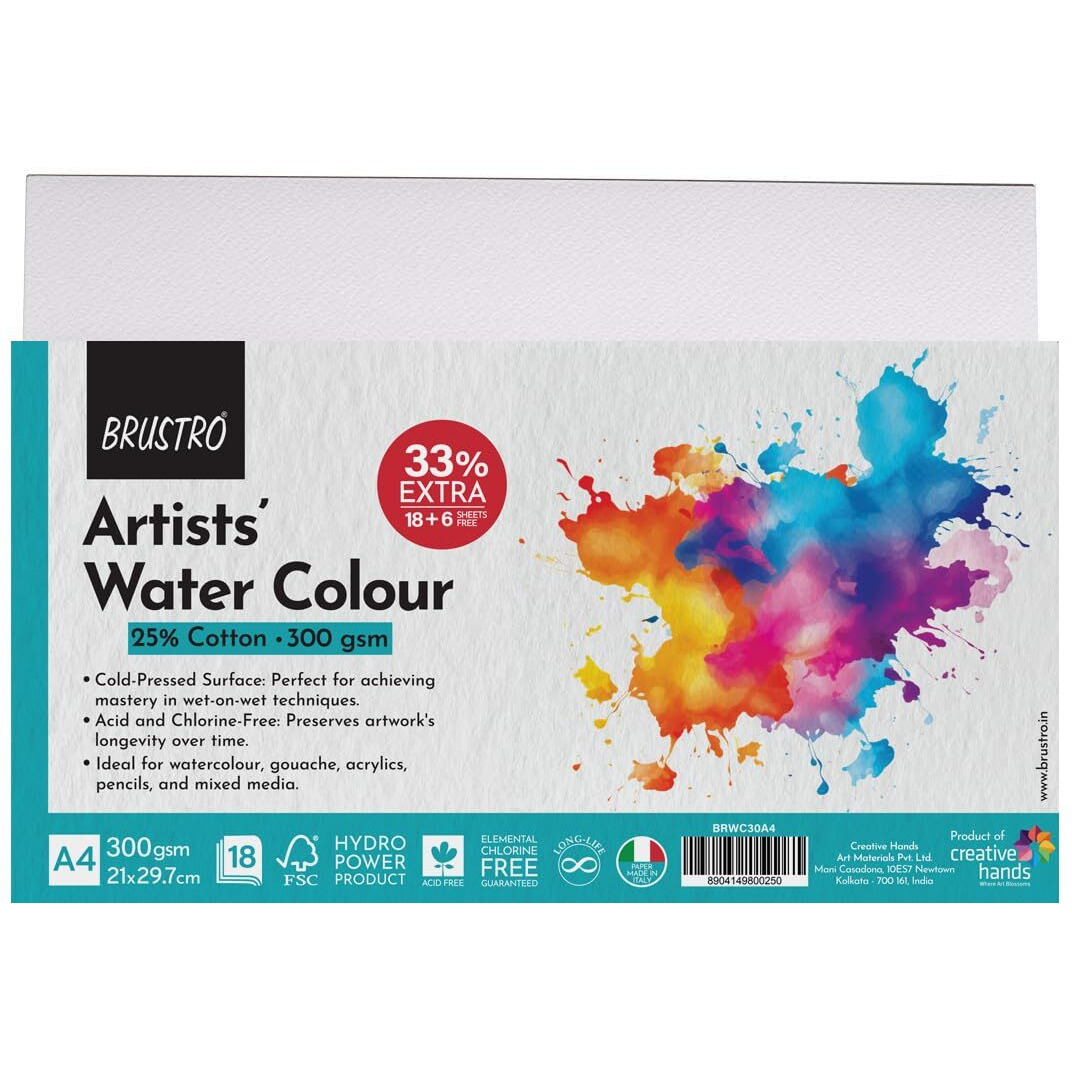 BRUSTRO Artist's Watercolour Paper | 300 GSM, A4, 25% Cotton, Cold Pressed | Pack of 18+6 Sheets | Ideal for Professional Painting, Dry & Wet, Acrylic, Gouache Fine Art Students.