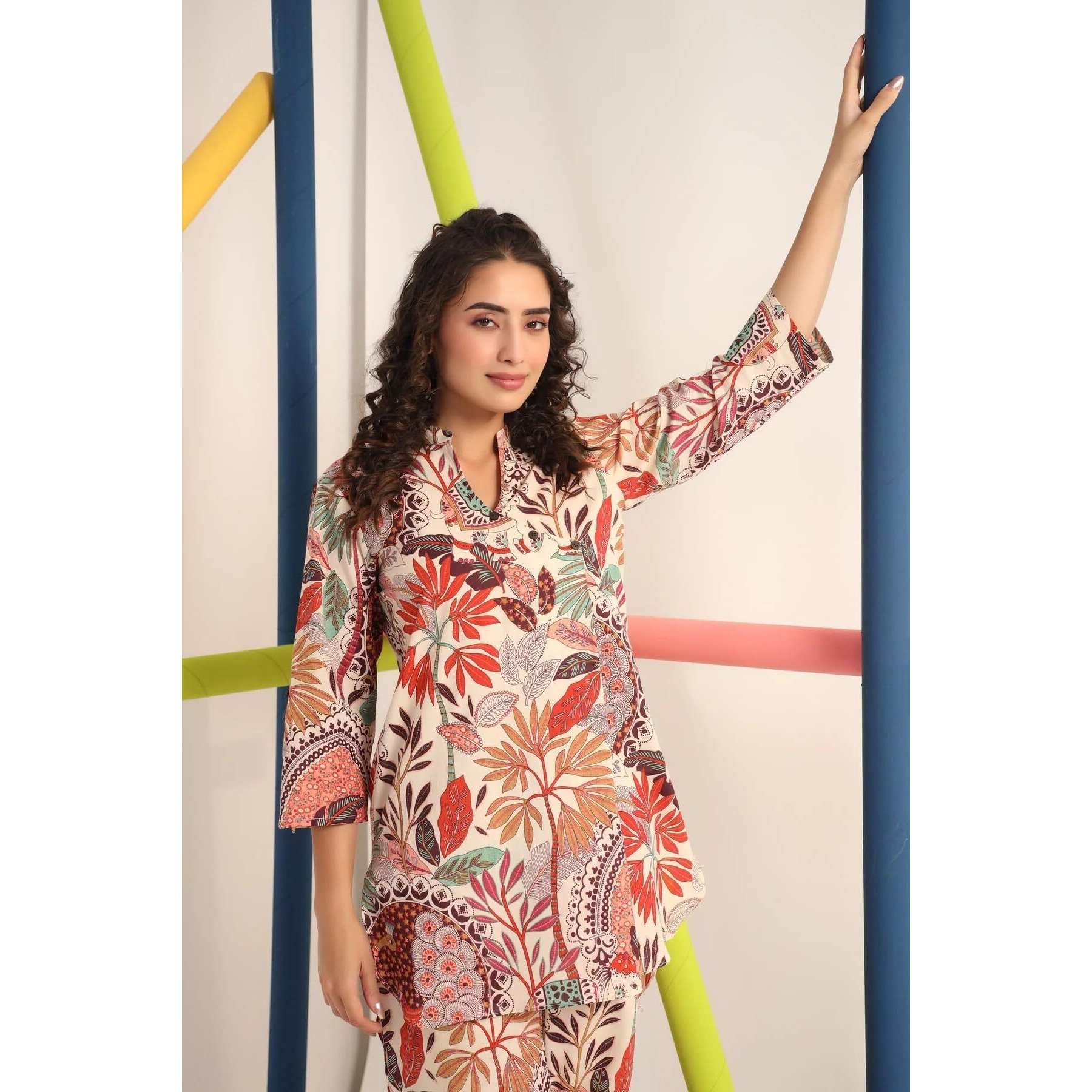 KLOSIA Women Kurta Set for Women | Co-ords Set | Kurta Pant Set | Coordinate Set | Summer Suit | Printed Short Kurti with Pant Set | (XX-Large) Peach