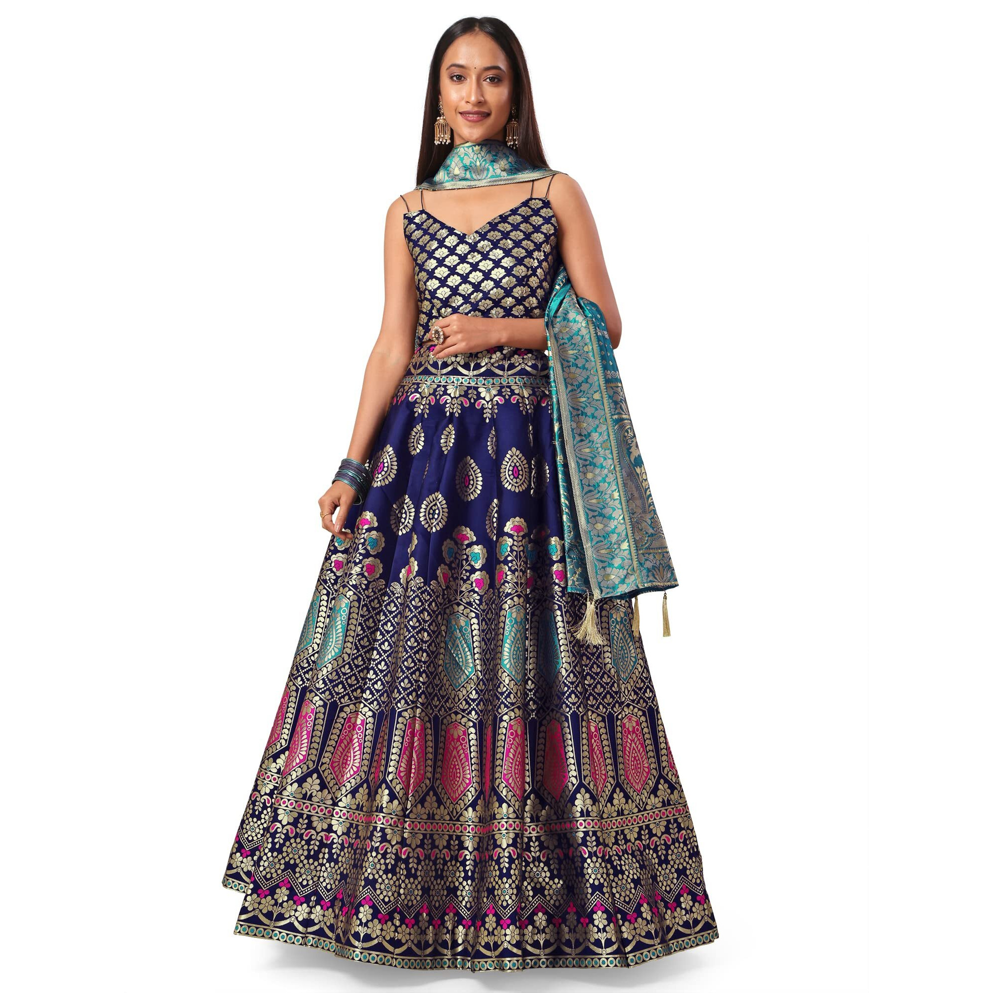 PURVAJA Women's Jacquard Semi-Stitched Lehenga choli (Chahat-Navy-Blue_Navy-Blue_Free Size)