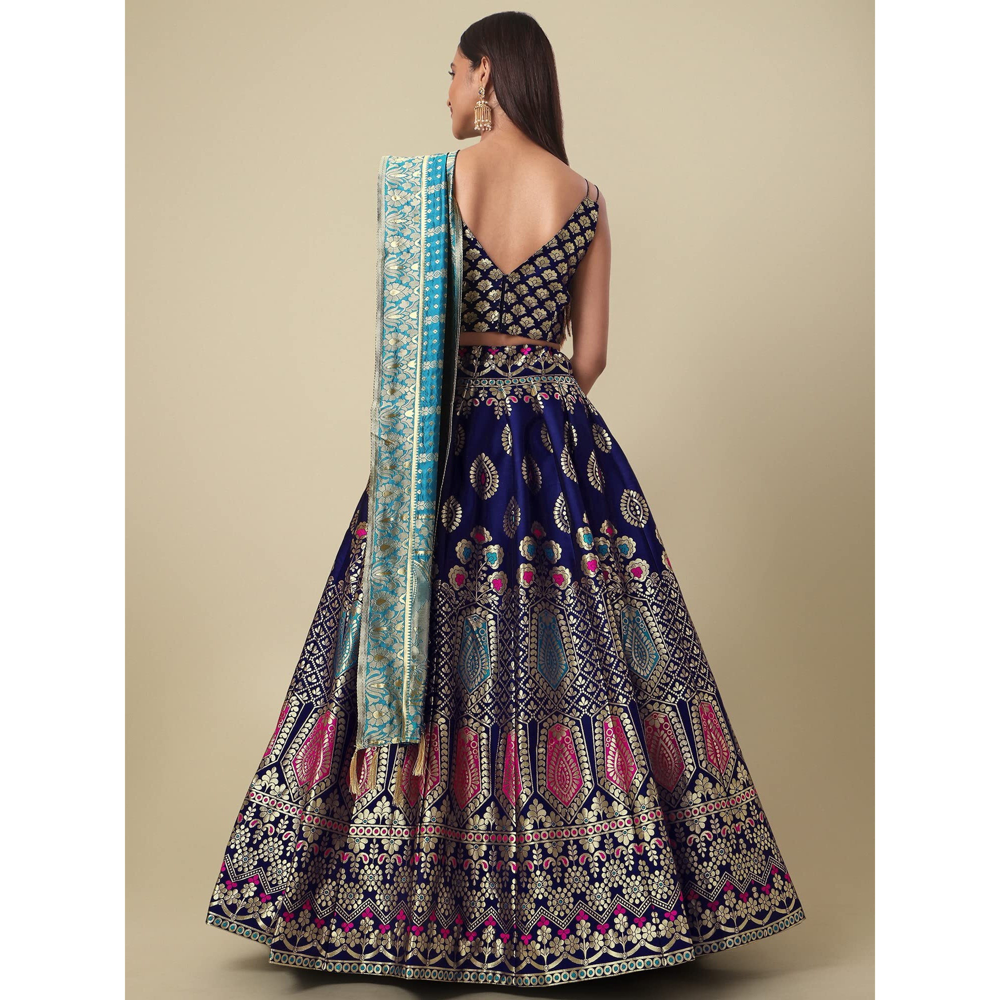 PURVAJA Women's Jacquard Semi-Stitched Lehenga choli (Chahat-Navy-Blue_Navy-Blue_Free Size)