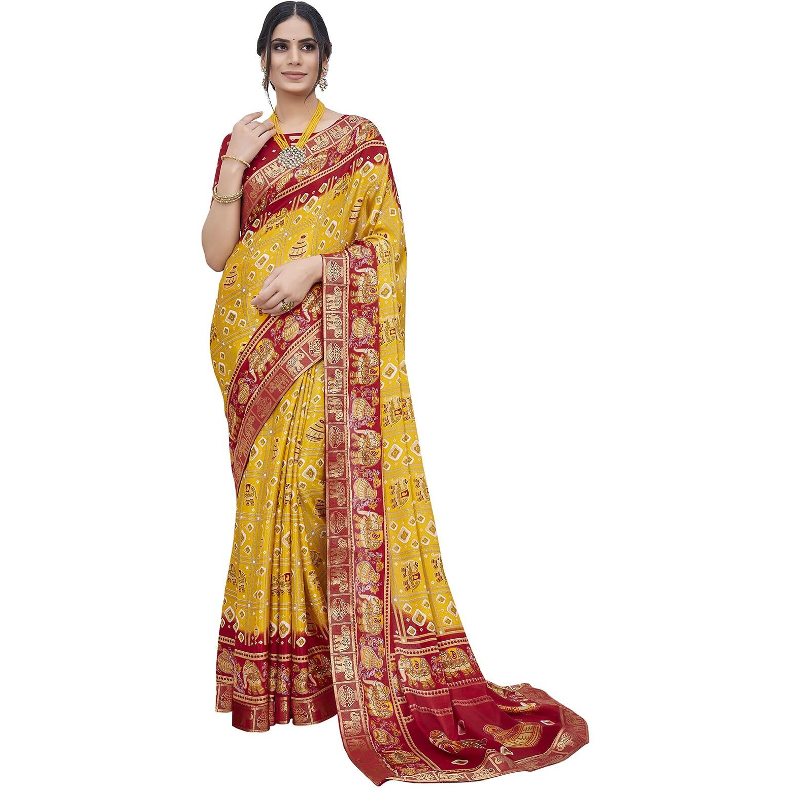 Yashika Women's Magludi Silk Saree Printed Saree With Unstitched Blouse Material - Suitable For All Indian Occasions and Festivals (AZ-YS-OG-RASIYA YELLOW RED)