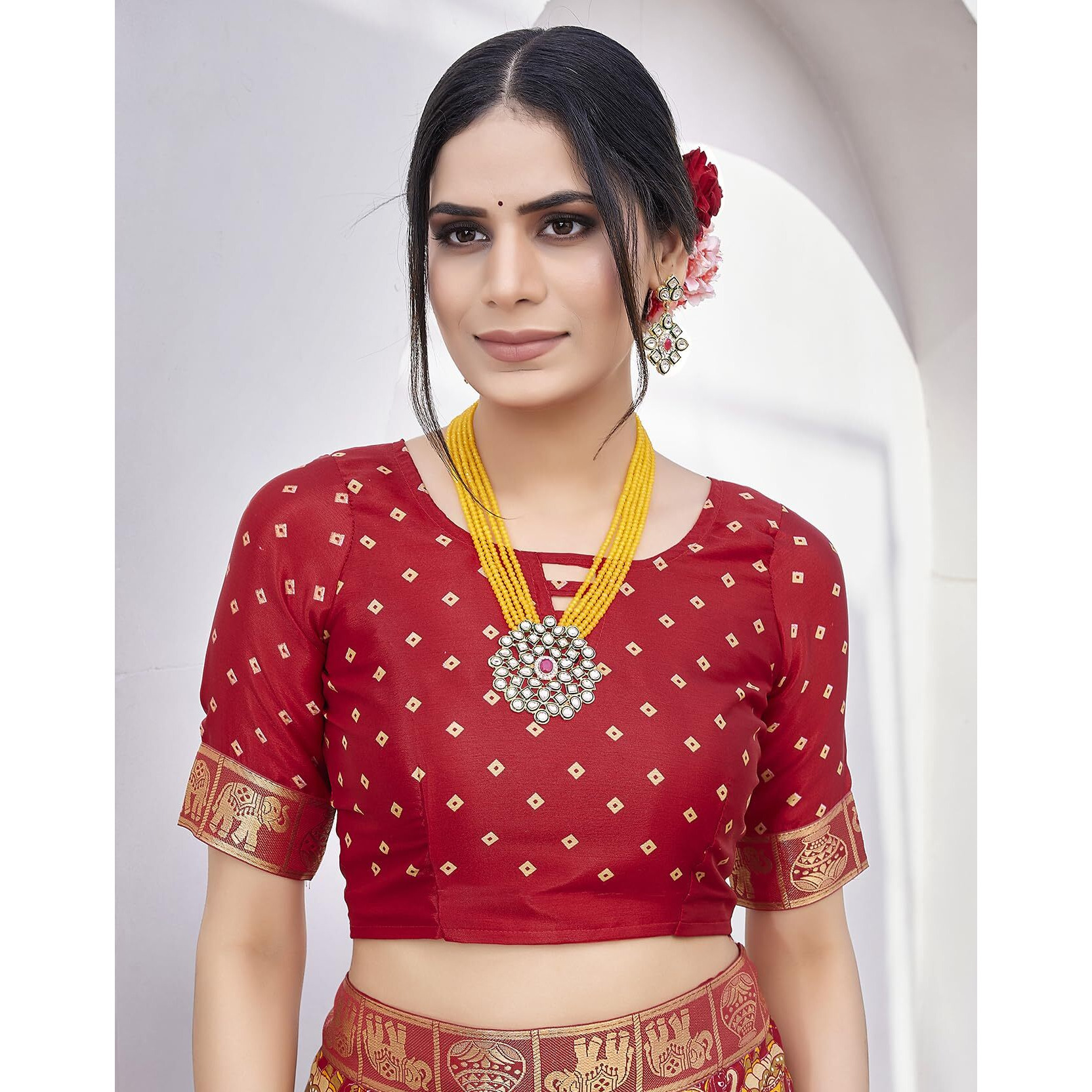 Yashika Women's Magludi Silk Saree Printed Saree With Unstitched Blouse Material - Suitable For All Indian Occasions and Festivals (AZ-YS-OG-RASIYA YELLOW RED)