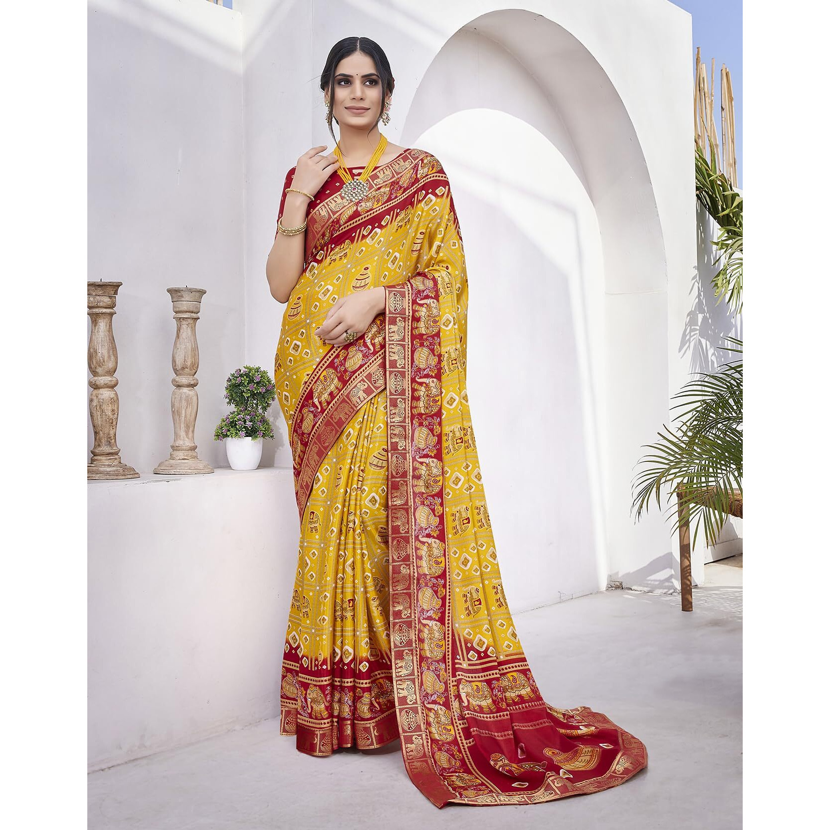 Yashika Women's Magludi Silk Saree Printed Saree With Unstitched Blouse Material - Suitable For All Indian Occasions and Festivals (AZ-YS-OG-RASIYA YELLOW RED)