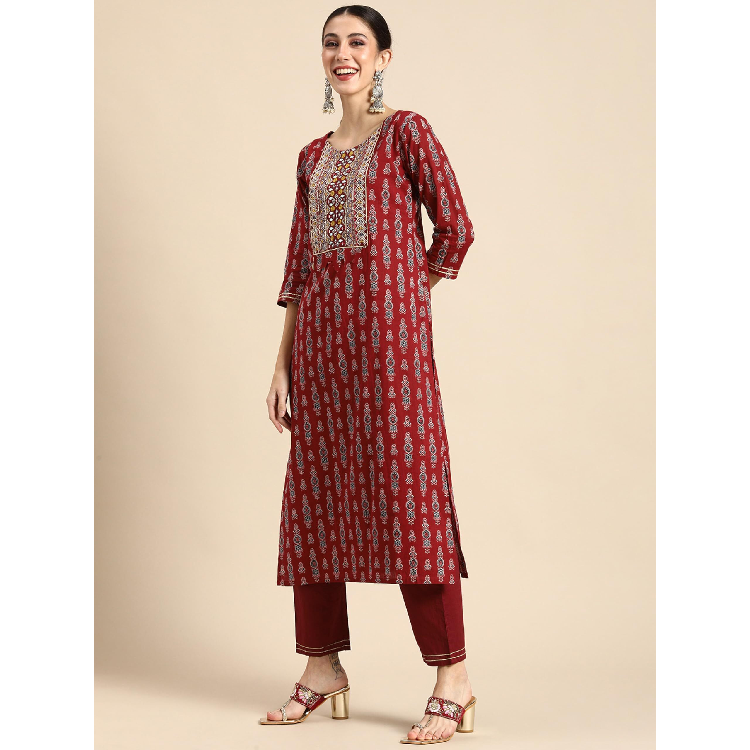 Alvami Women Printed Kurta and Pant Set with Dupatta (in, Alpha, M, Red)
