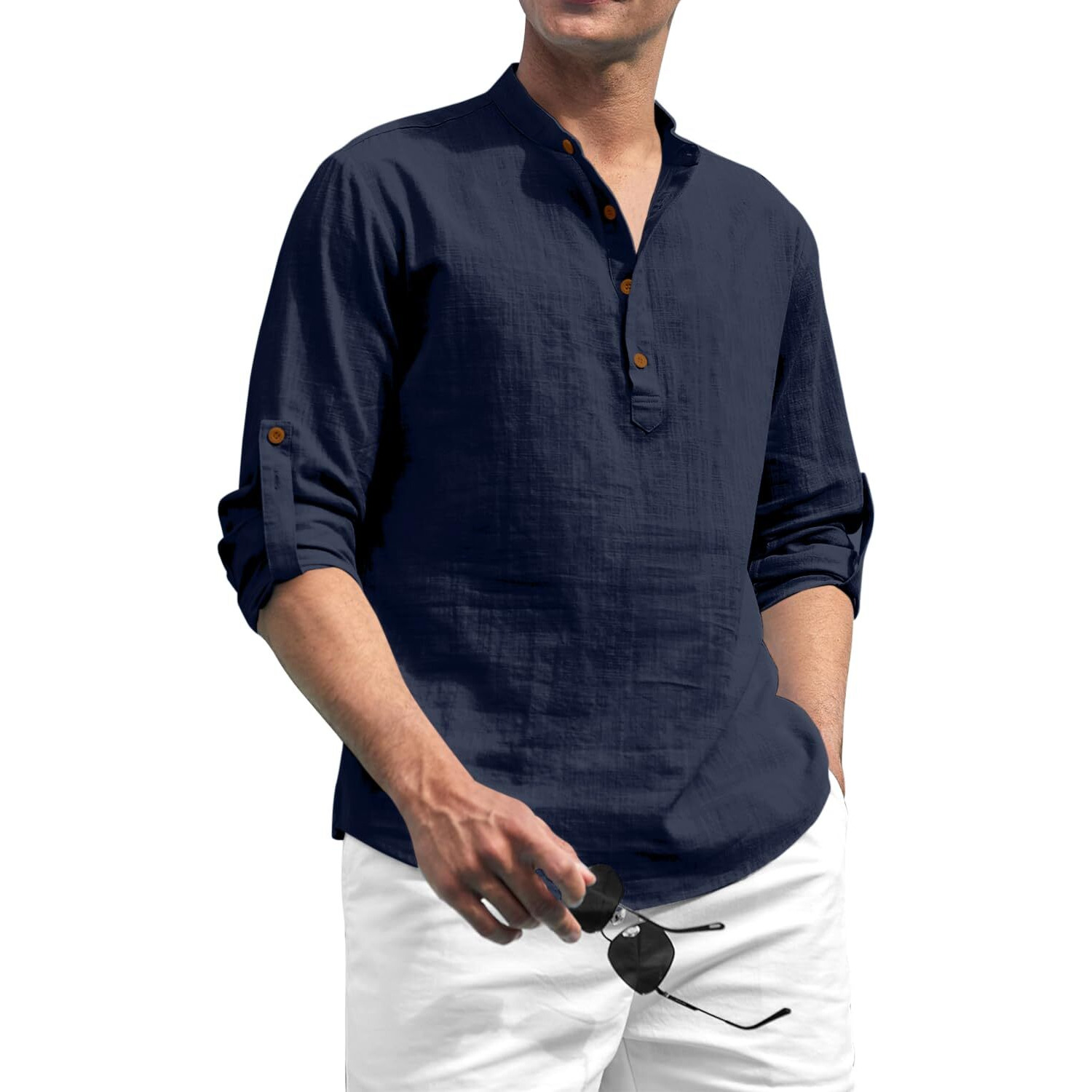Zombom Cotton Blend Solid Casual Regular Fit Mandarin/Chinese Collor Short Kurta for Men Navy Blue