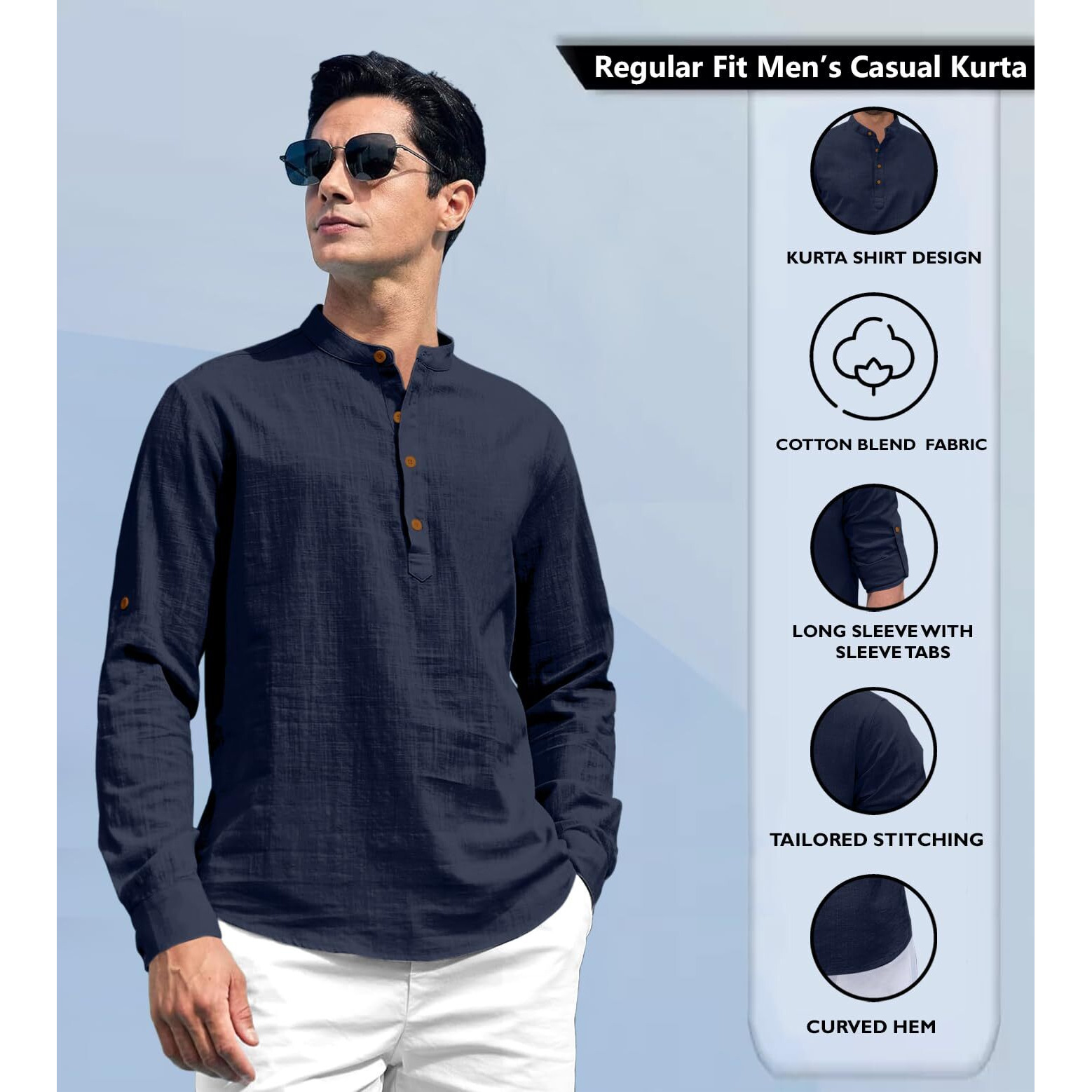 Zombom Cotton Blend Solid Casual Regular Fit Mandarin/Chinese Collor Short Kurta for Men Navy Blue