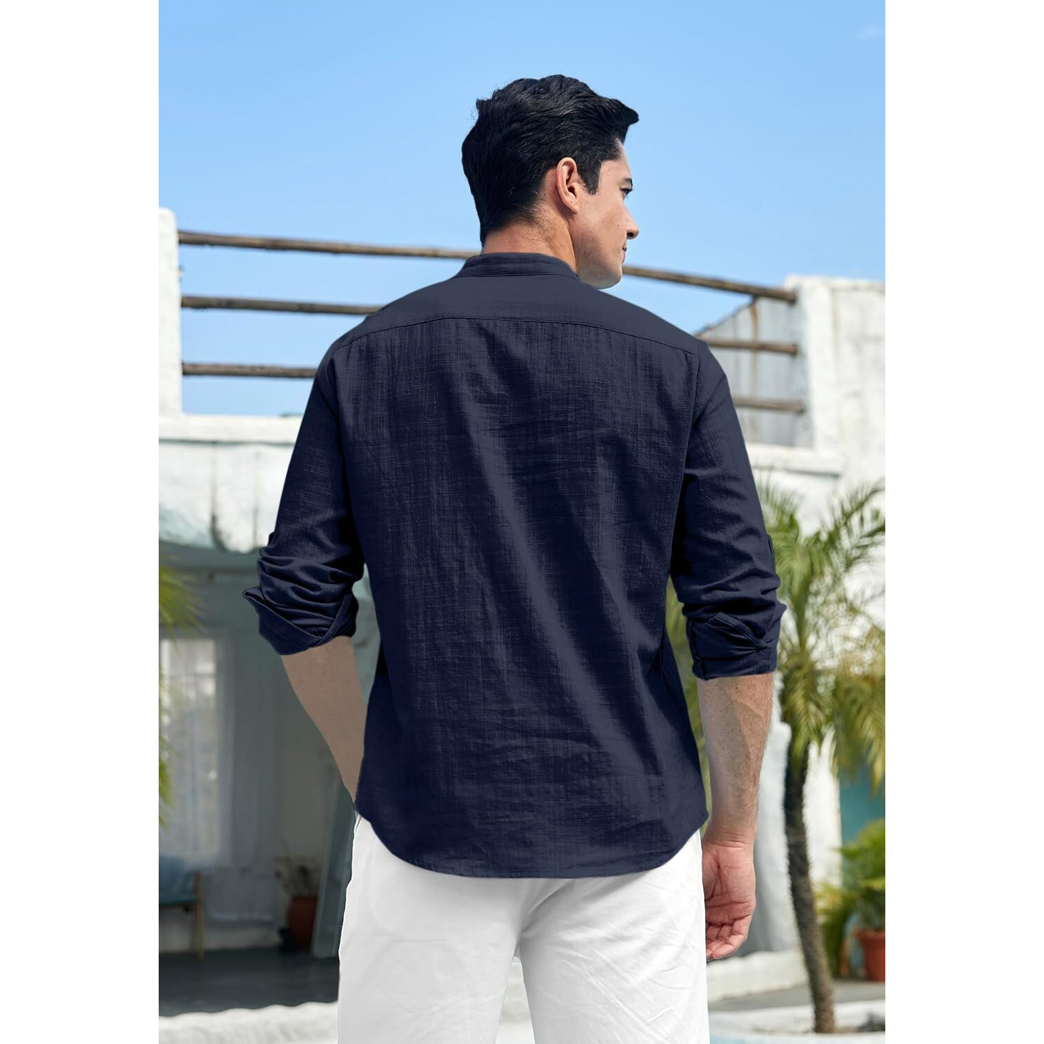 Zombom Cotton Blend Solid Casual Regular Fit Mandarin/Chinese Collor Short Kurta for Men Navy Blue