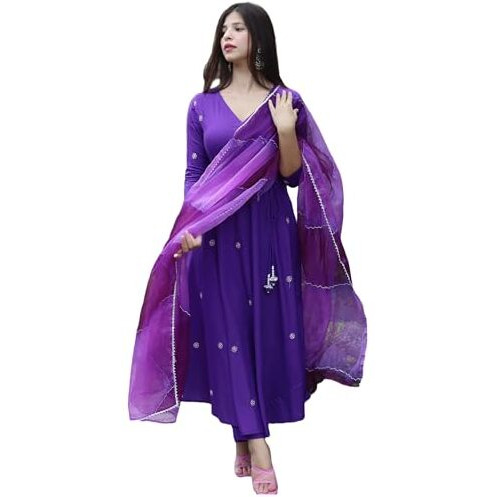 ANNI DESIGNER Women's Cotton Blend Anarkali Embroidered Kurta with Pant & Dupatta (GSK-Purple_5XL_Purple_XXXXX-Large)
