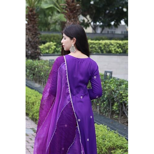 ANNI DESIGNER Women's Cotton Blend Anarkali Embroidered Kurta with Pant & Dupatta (GSK-Purple_5XL_Purple_XXXXX-Large)