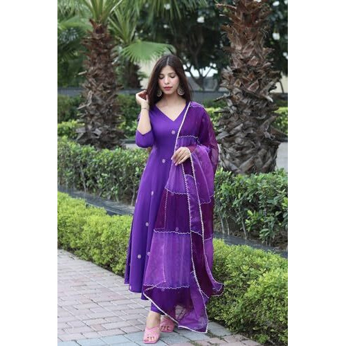 ANNI DESIGNER Women's Cotton Blend Anarkali Embroidered Kurta with Pant & Dupatta (GSK-Purple_5XL_Purple_XXXXX-Large)