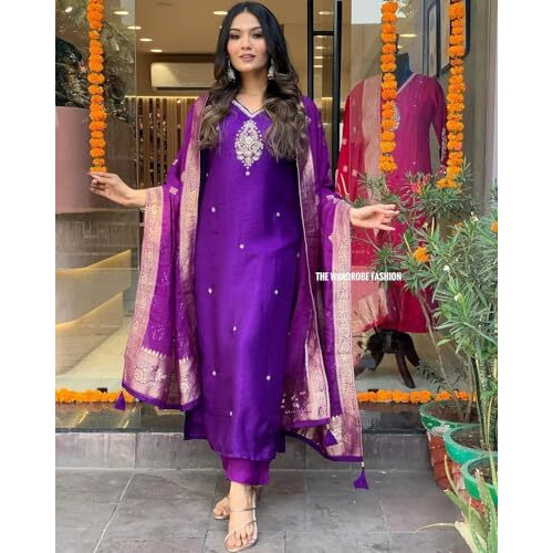 ANNI DESIGNER Women's Silk Blend Straight Embroidered Kurta with Pant & Dupatta (Premium Begani_XL_Begani_X-Large)