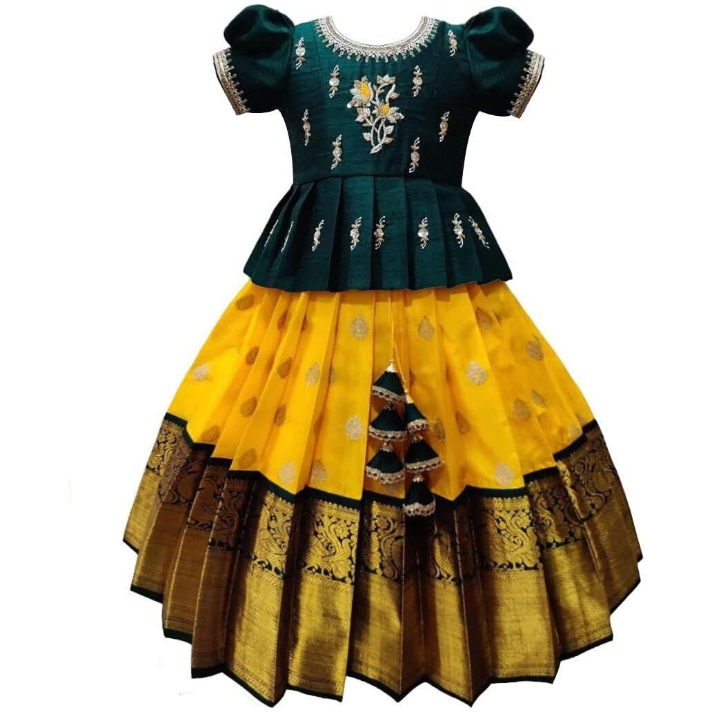 White Button New south Indian traditional pattu pavadai Jecquard Lehenga choli for girls dress (6-7 Years, Green,Yellow)