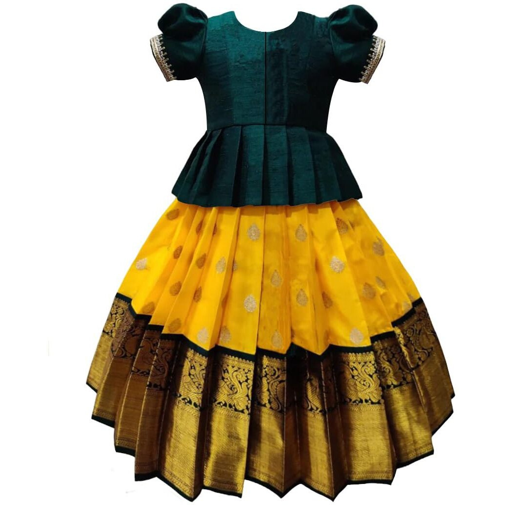 White Button New south Indian traditional pattu pavadai Jecquard Lehenga choli for girls dress (6-7 Years, Green,Yellow)