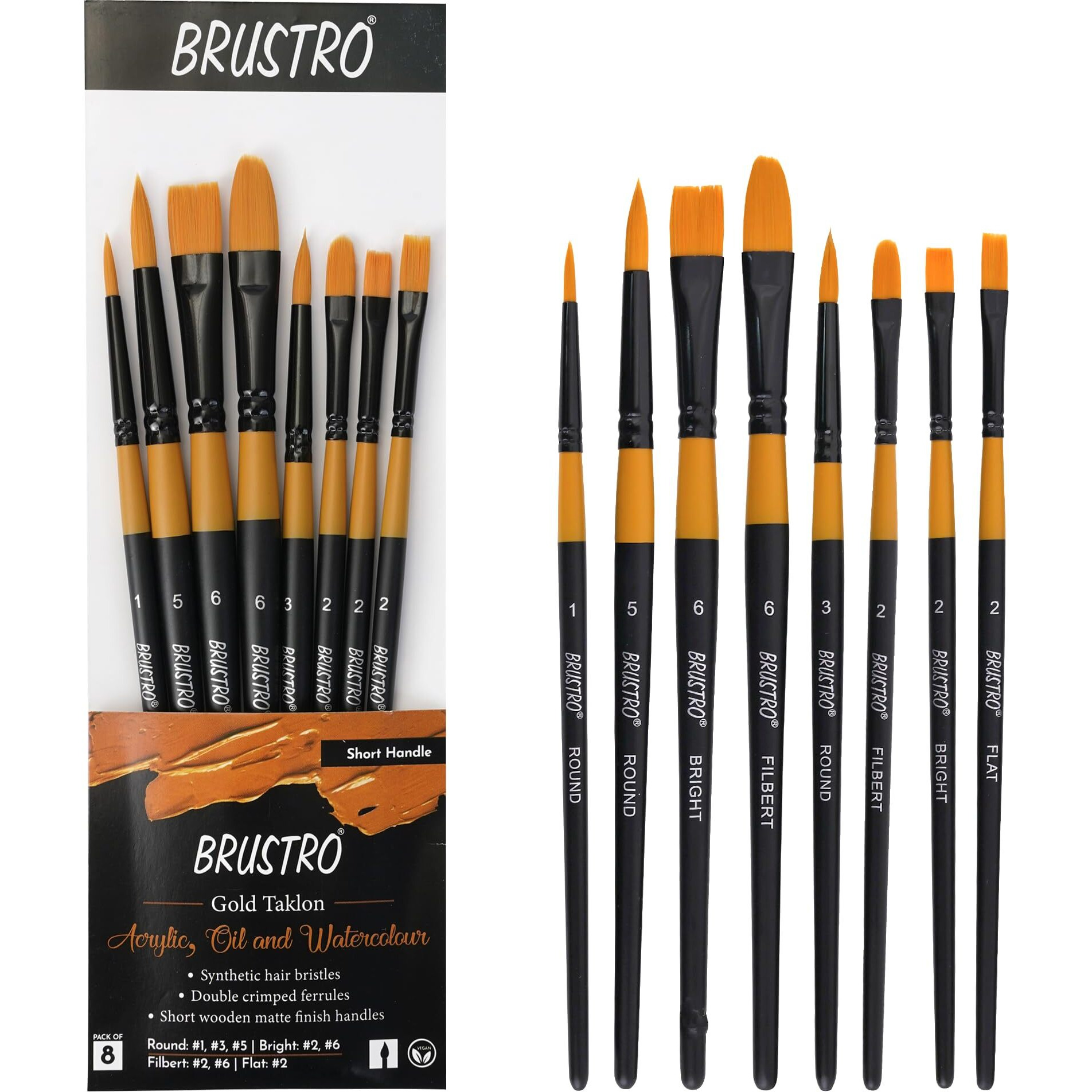 BRUSTRO Gold Taklon Artist's Brushes | Set of 8 | Sizes - Round (1,3,5), Bright (2,6), Filbert (2,6), and Flat (2) | Matte Finish, Ideal for Acrylic, Watercolour, Oil Paintings, School, Office Use