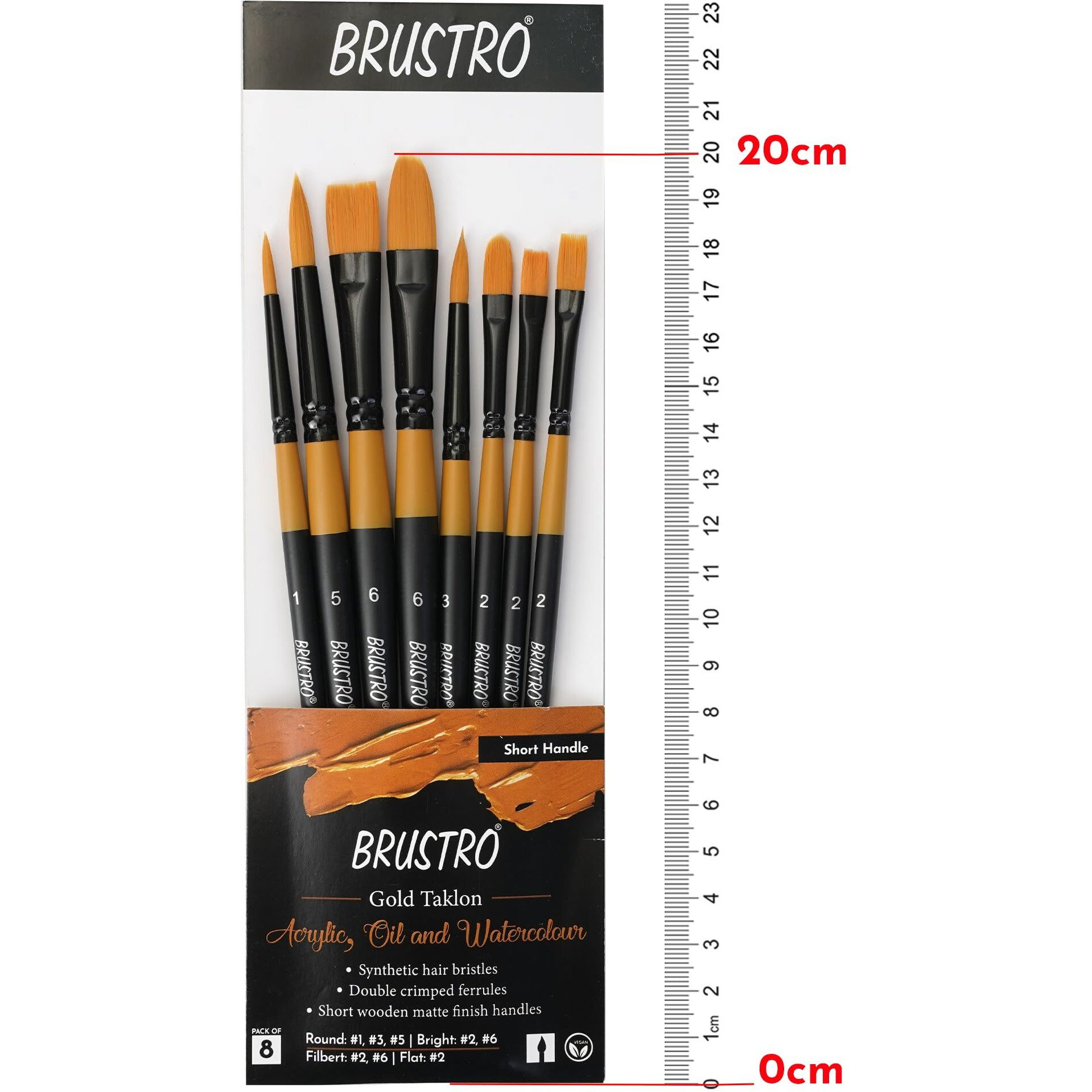 BRUSTRO Gold Taklon Artist's Brushes | Set of 8 | Sizes - Round (1,3,5), Bright (2,6), Filbert (2,6), and Flat (2) | Matte Finish, Ideal for Acrylic, Watercolour, Oil Paintings, School, Office Use