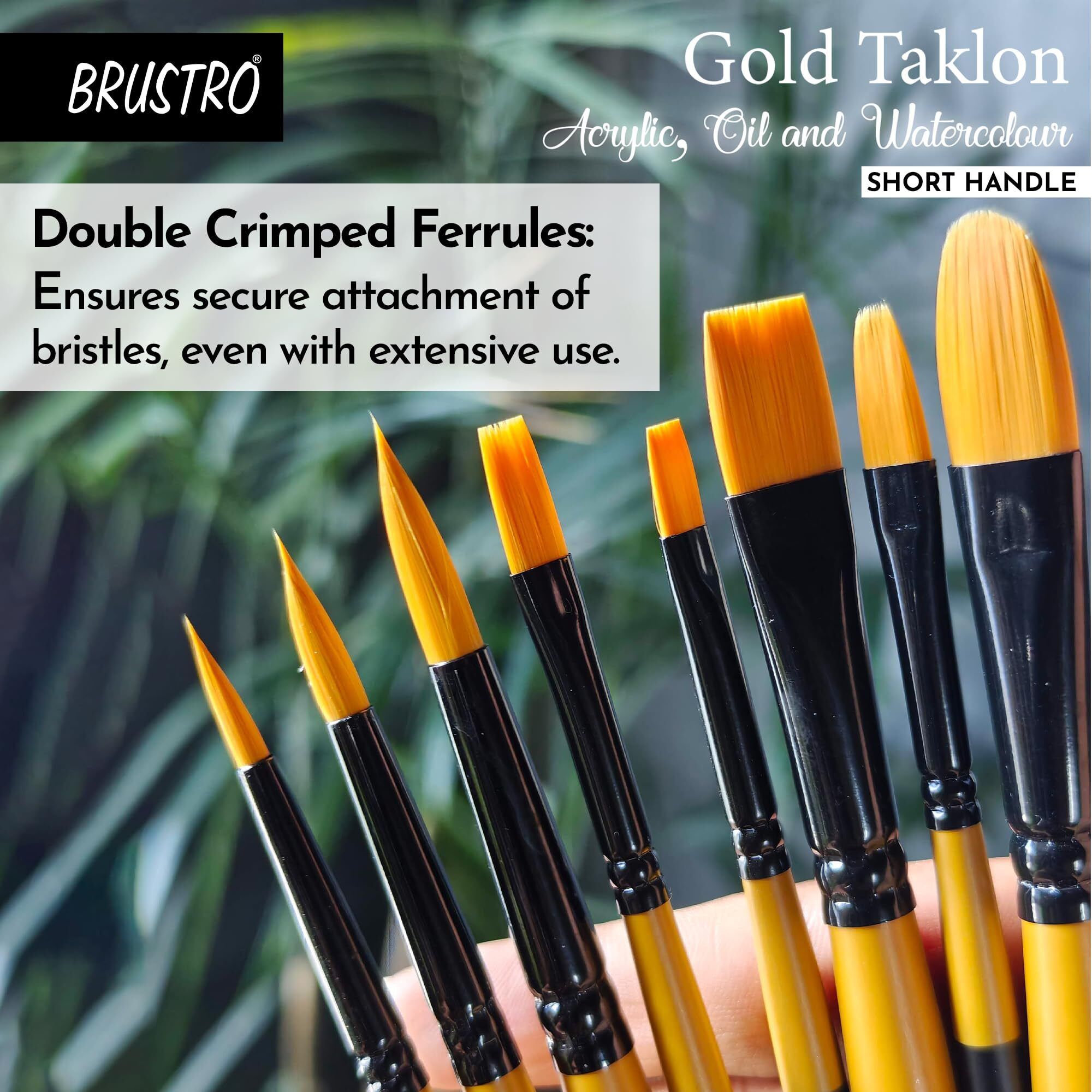 BRUSTRO Gold Taklon Artist's Brushes | Set of 8 | Sizes - Round (1,3,5), Bright (2,6), Filbert (2,6), and Flat (2) | Matte Finish, Ideal for Acrylic, Watercolour, Oil Paintings, School, Office Use