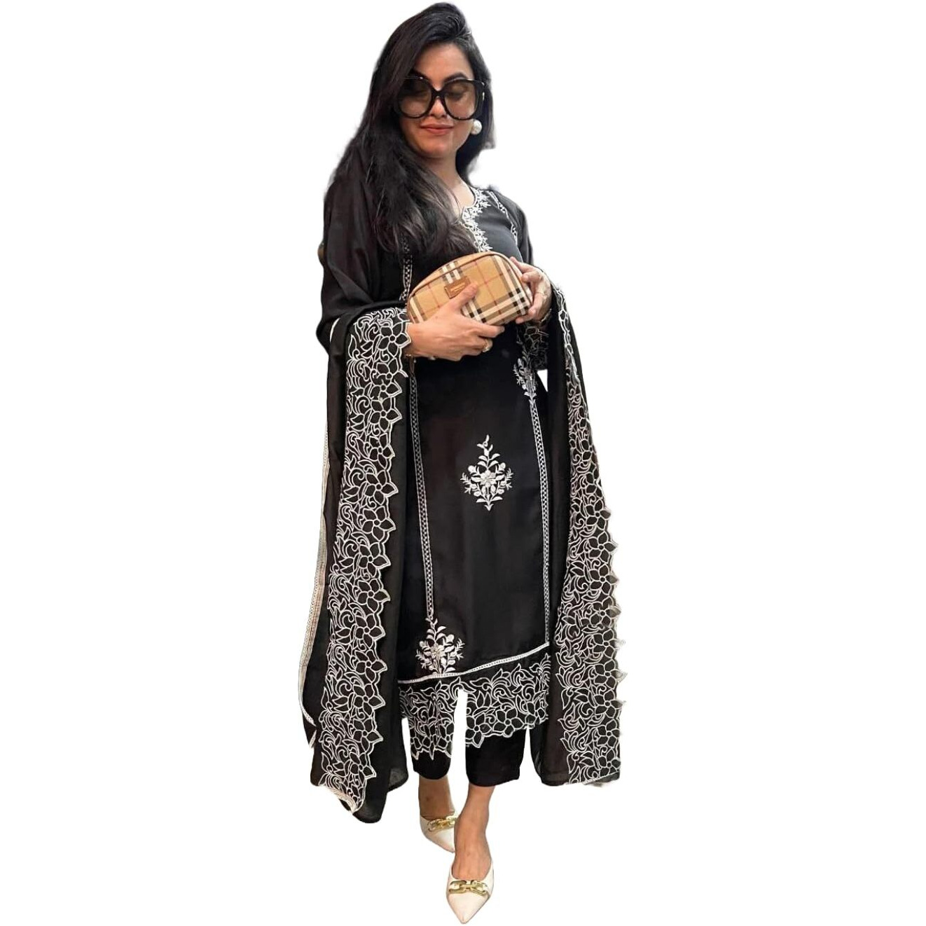 GoSriKi Women's Rayon Blend Straight Embroidered Kurta with Pant & Dupatta (TRP Black-NM-GS_S_Black_Small)