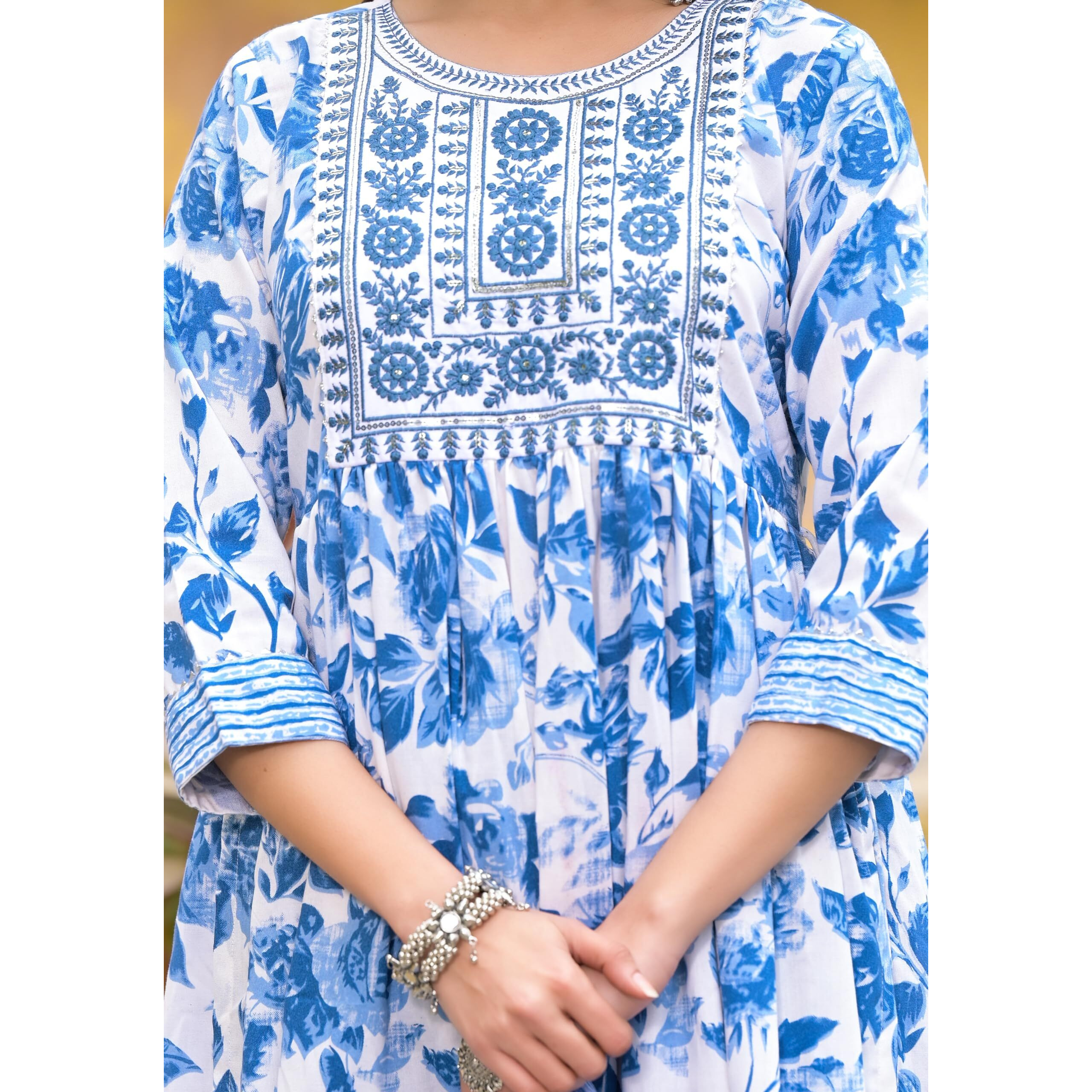 KLOSIA Women Embroidery Floral Printed Anarkali Kurta and Pant Set with Dupatta | Kurta Set | Ethnic Set | Dupatta Set | Wedding Suit | (XX-Large) White